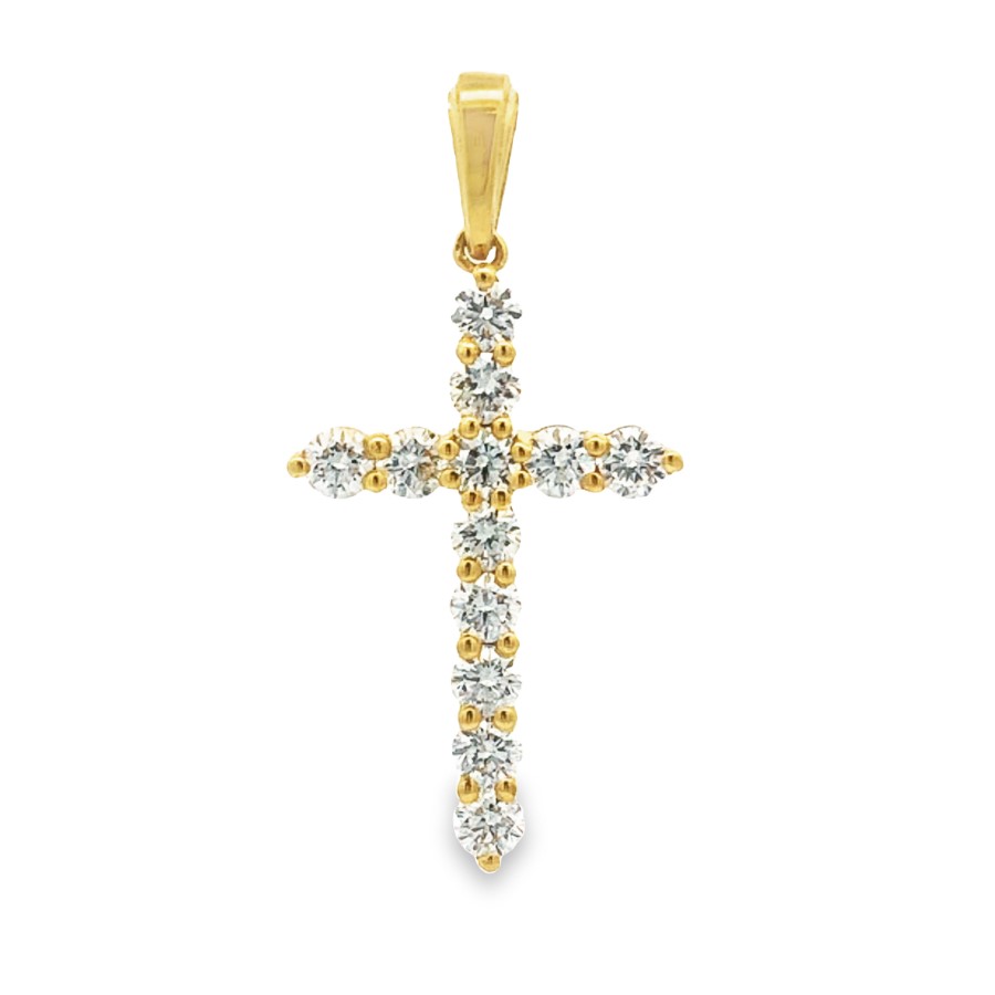18K Yellow Gold Diamond Cross Pendant with 12 Round Diamonds 1.10 CTW F-G VS2-SI1