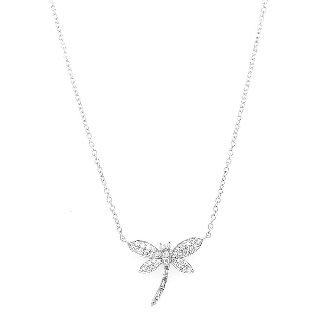 18K White Gold Dragonfly Diamond Pendant with Chain