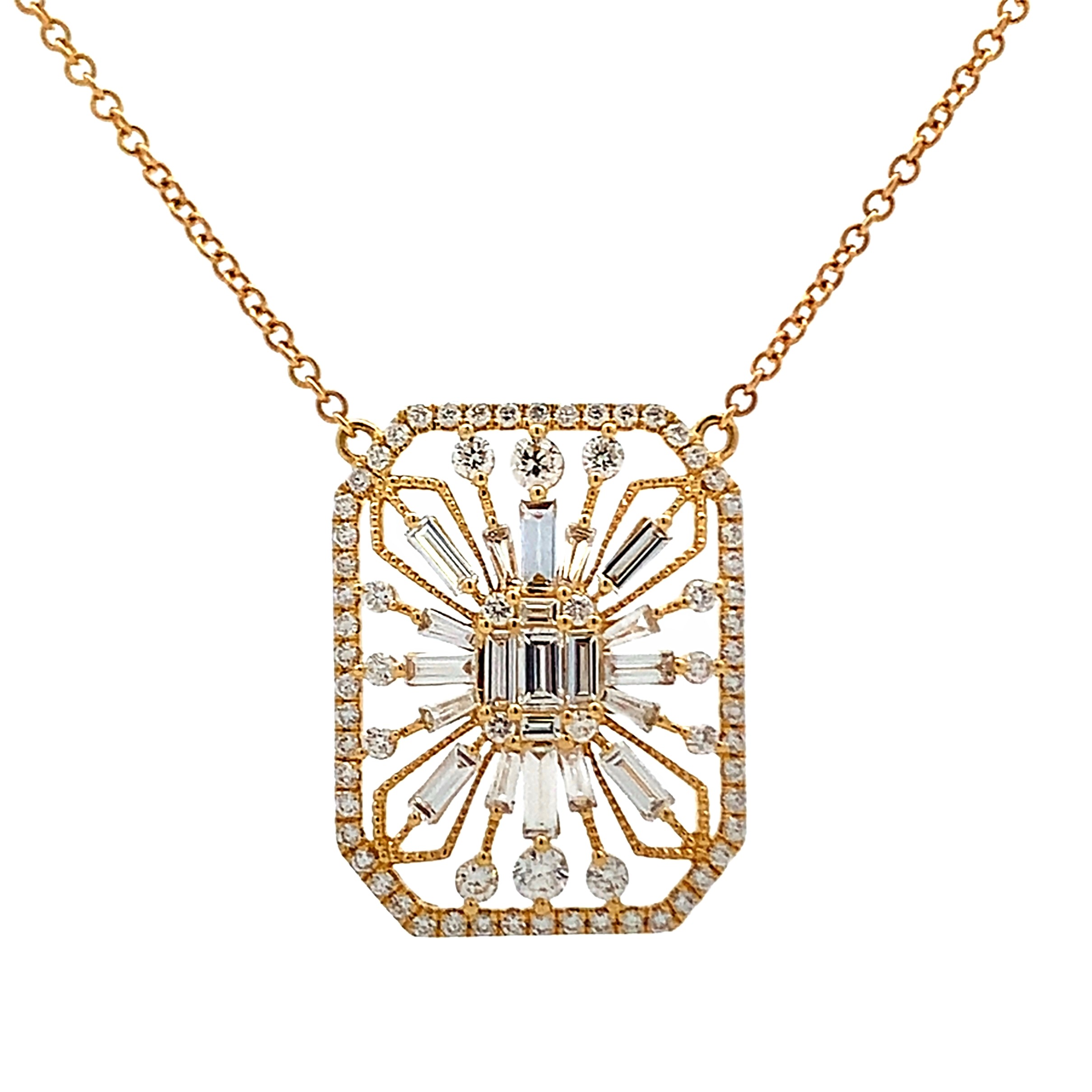 18K Yellow Gold Art Deco-Inspired Diamond Pendant with Chain