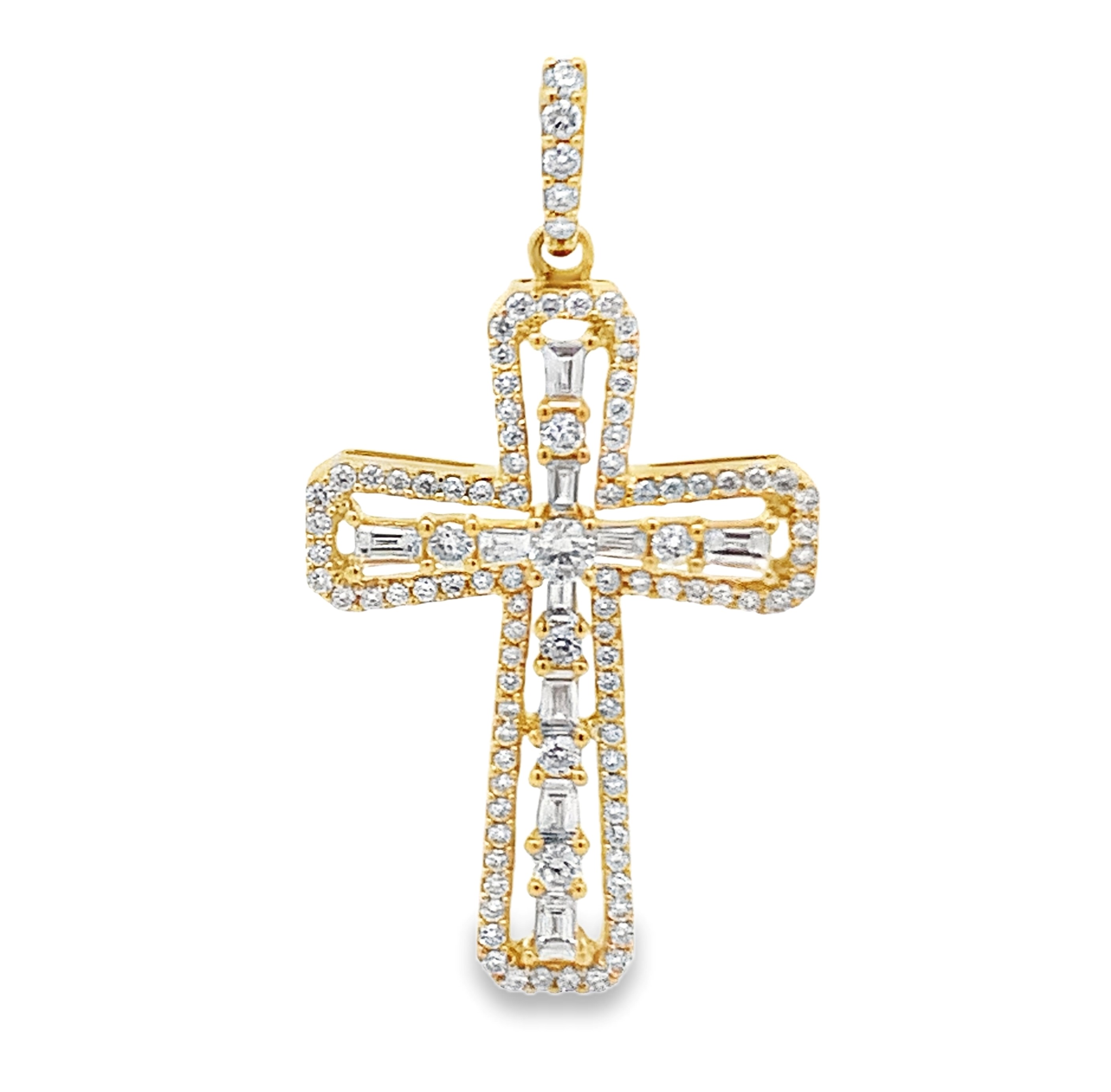 18K Yellow Gold Baguette Accent Diamond Cross Pendant