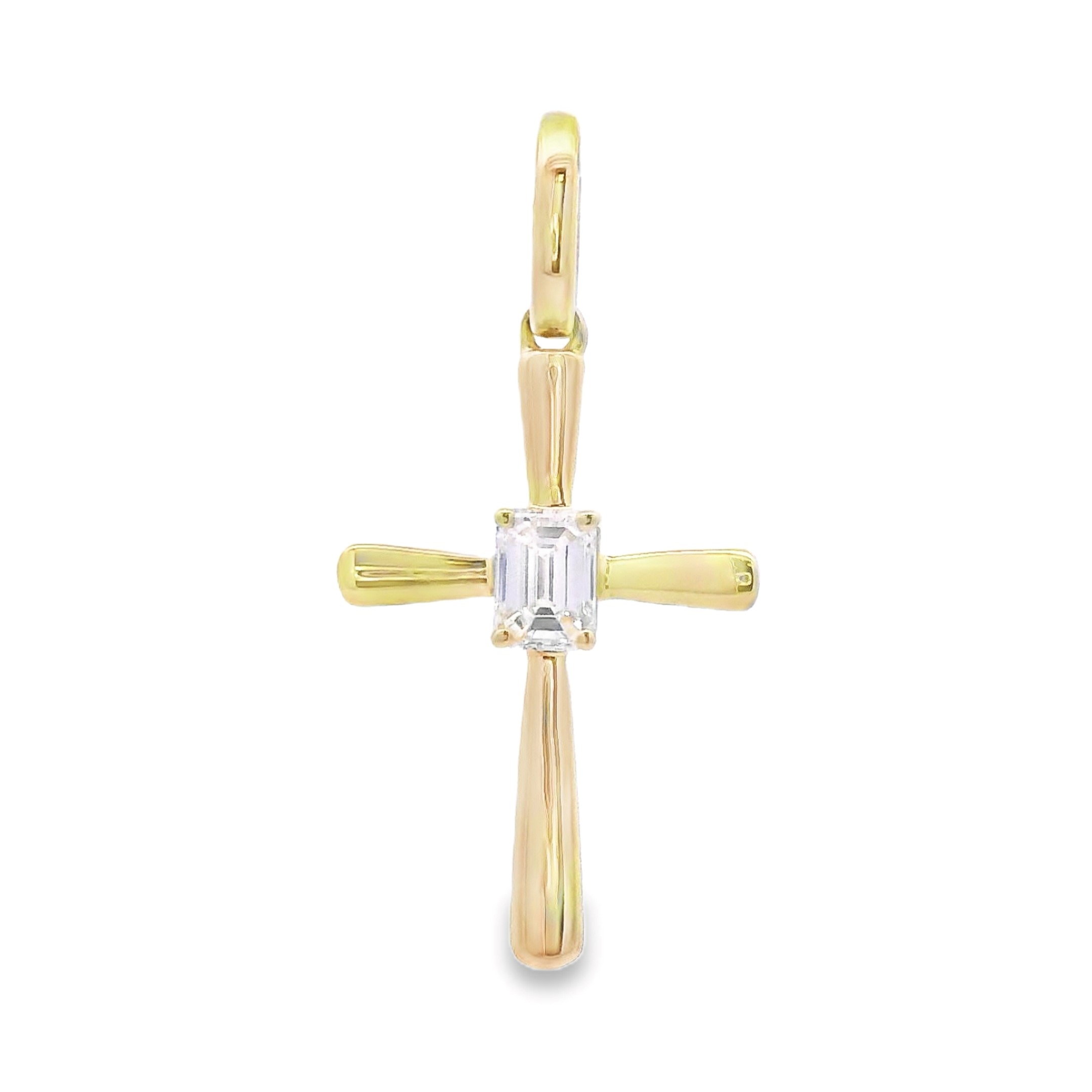 18K Yellow Gold Emerald Cut Diamond Accent Cross Pendant