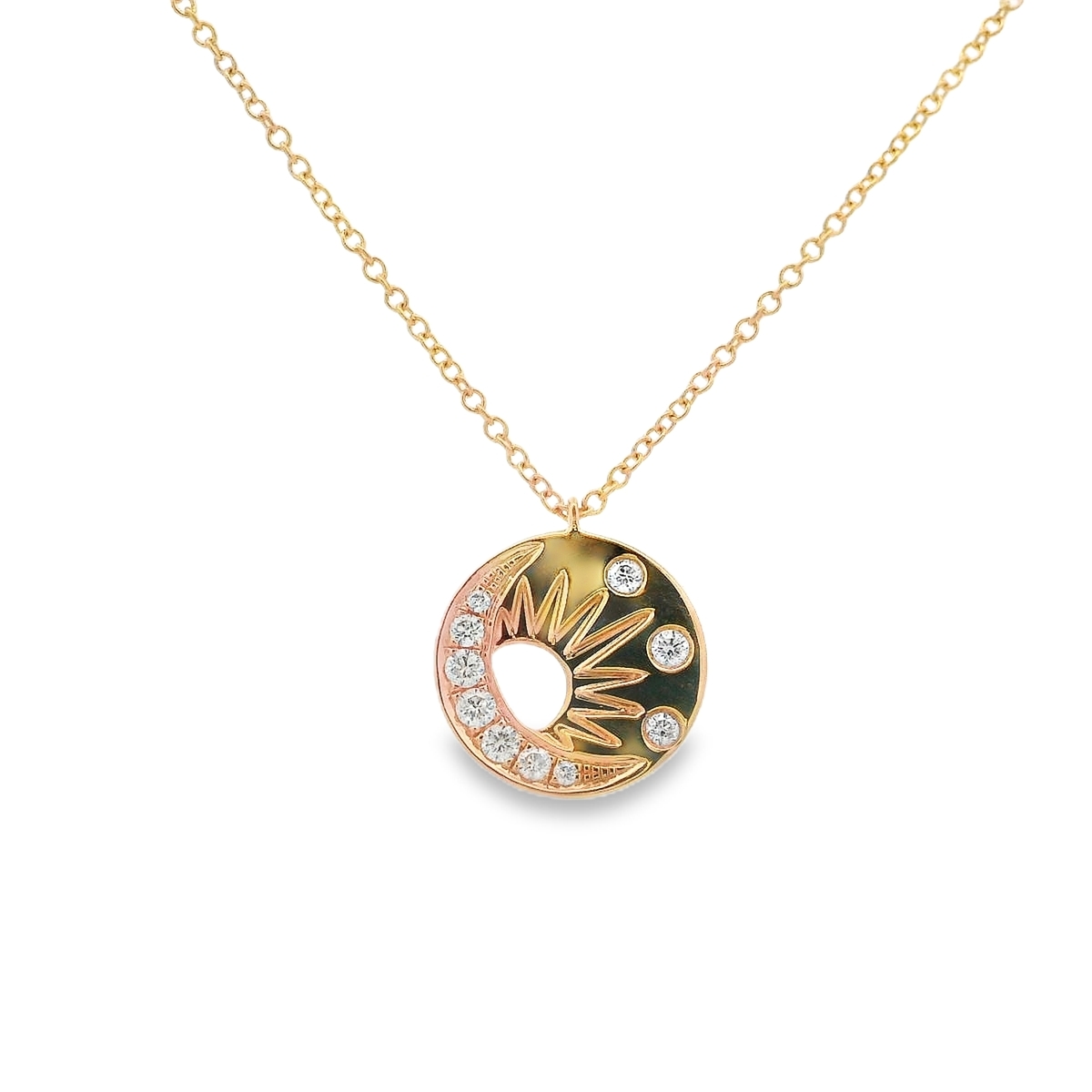 18K Yellow Gold Diamond Moon & Stars Circle Pendant