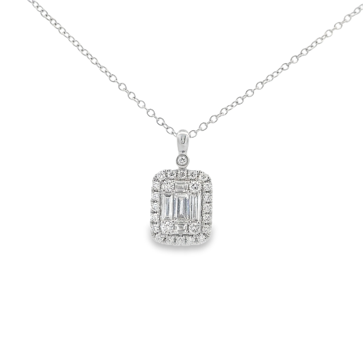 18K White Gold Emerald-Shape Diamond Cluster Pendant
