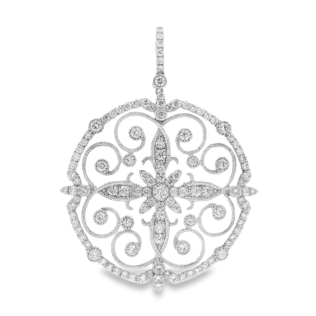 18K White Gold Large Diamond Filigree Circle Pendant
