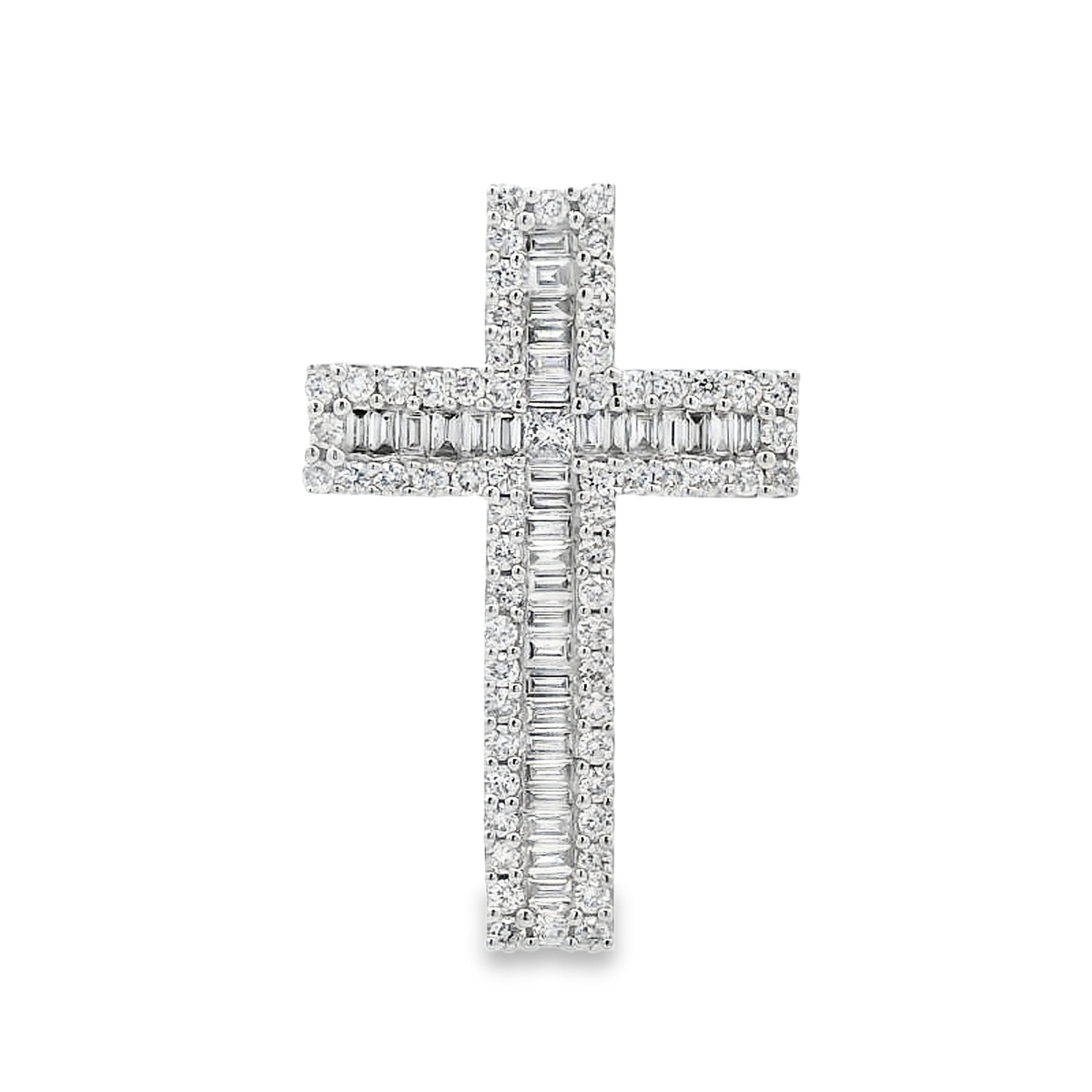 18K White Gold Rectangular Baguette Center Diamond Cross Pendant
