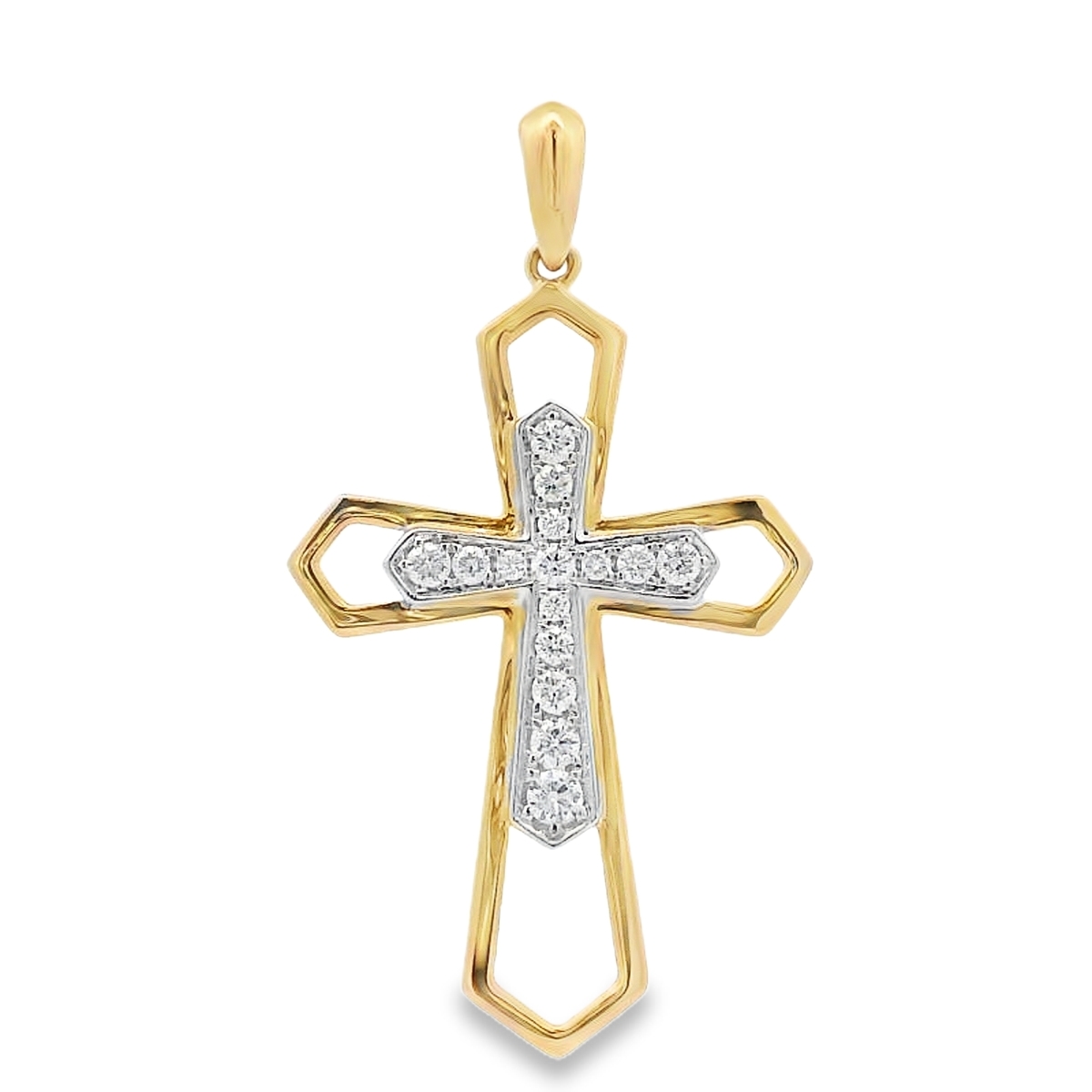 18K White & Yellow Gold Open Outline Diamond Cross Pendant