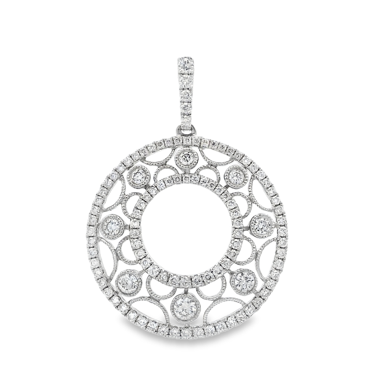 18K White Gold Diamond Circular Filigree Design Pendant