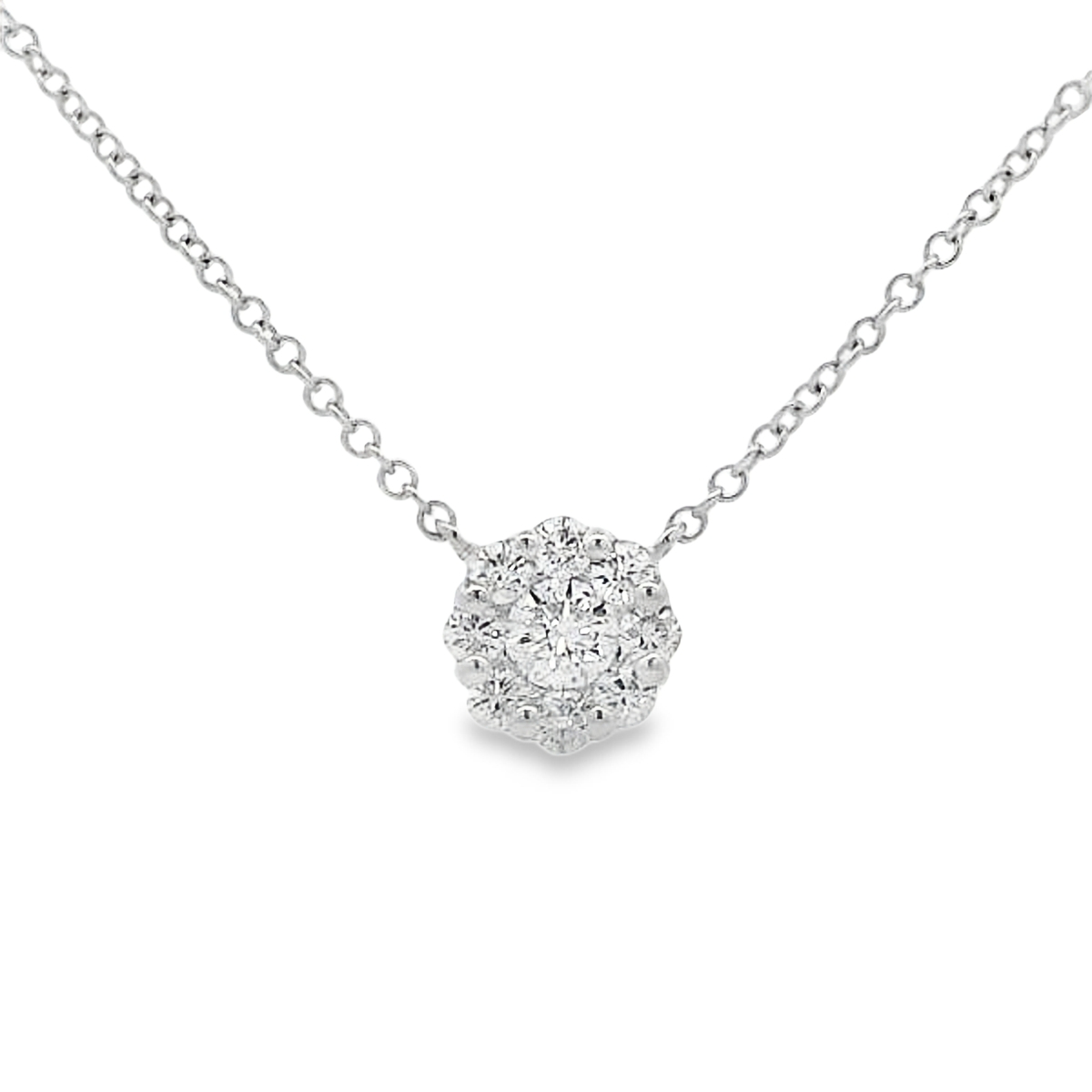 14K White Gold Diamond Round Cluster Necklace