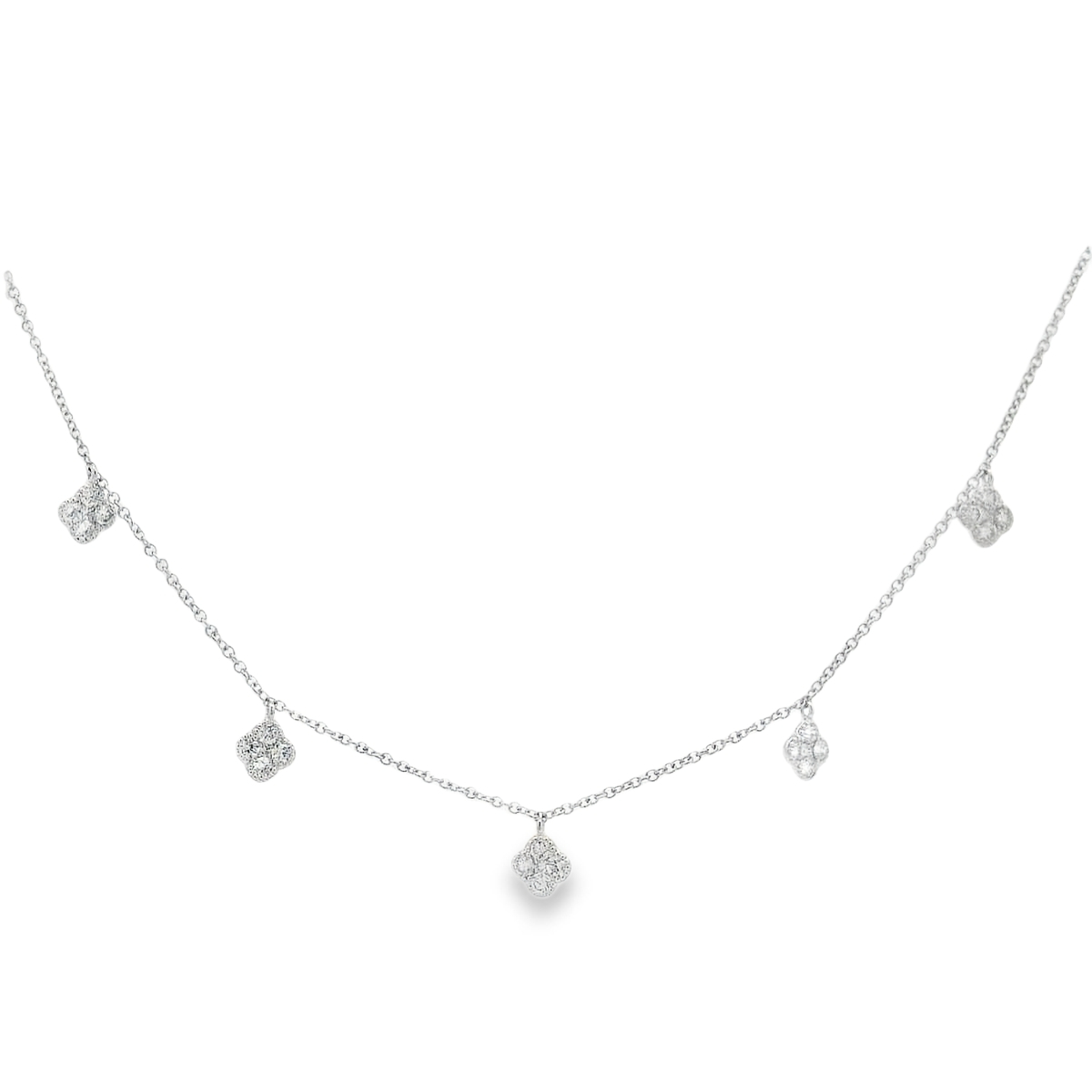 14K White Gold Dangling Diamond Clovers Station Necklace