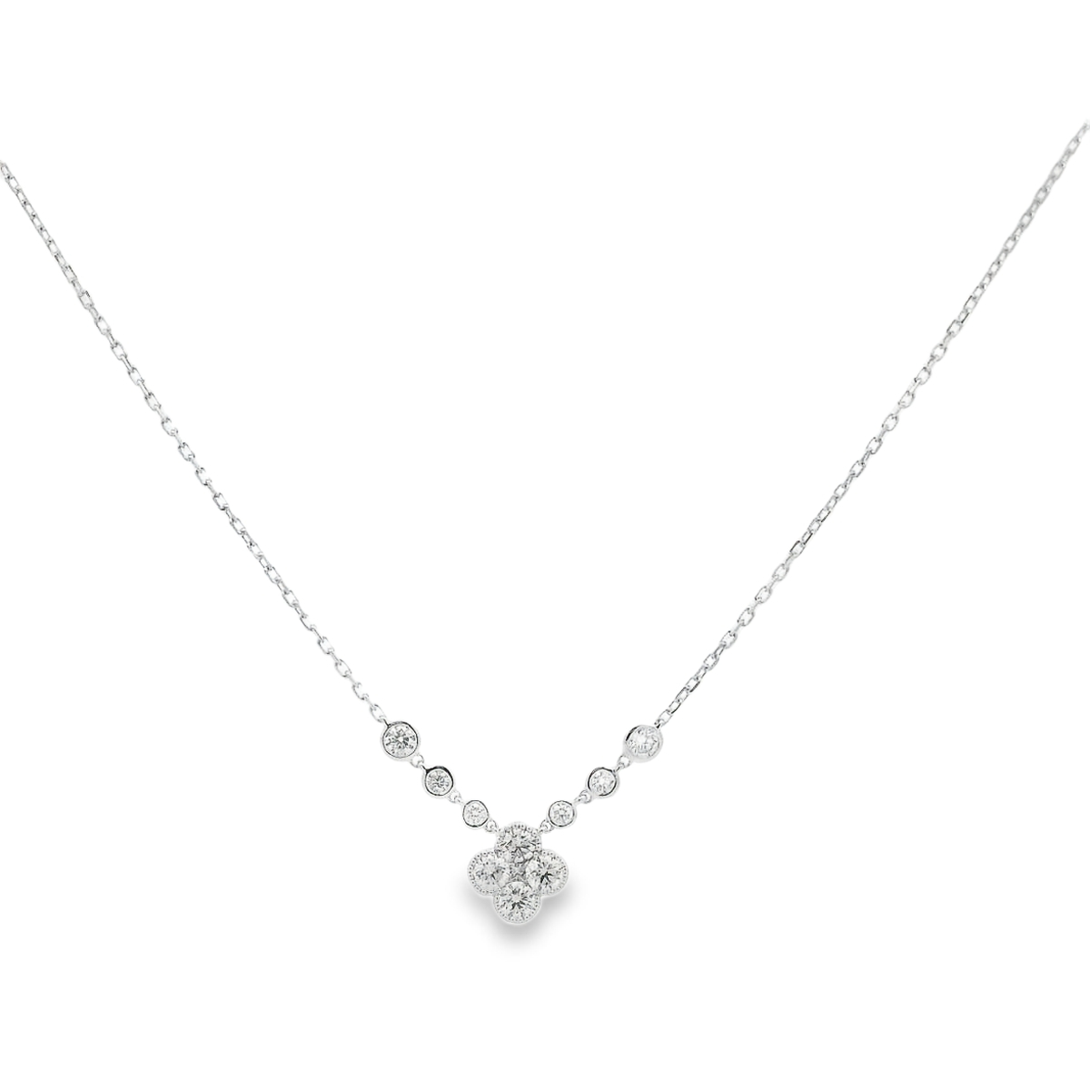 14K White Gold Diamond Clover and Bezel Necklace