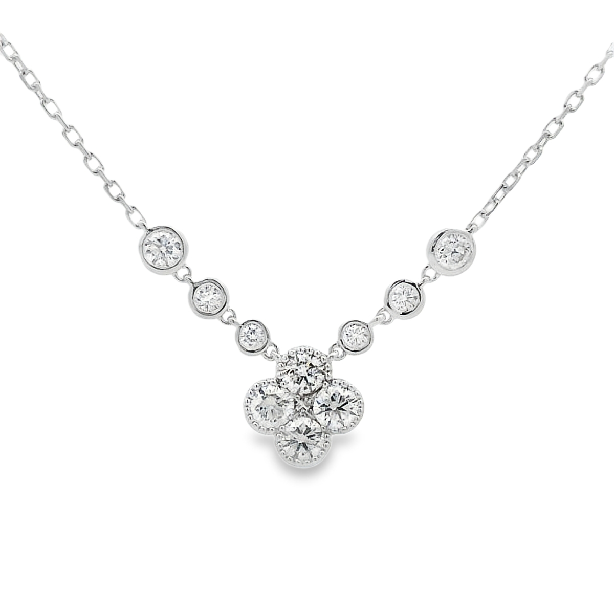 14K White Gold Diamond Clover and Bezel Necklace
