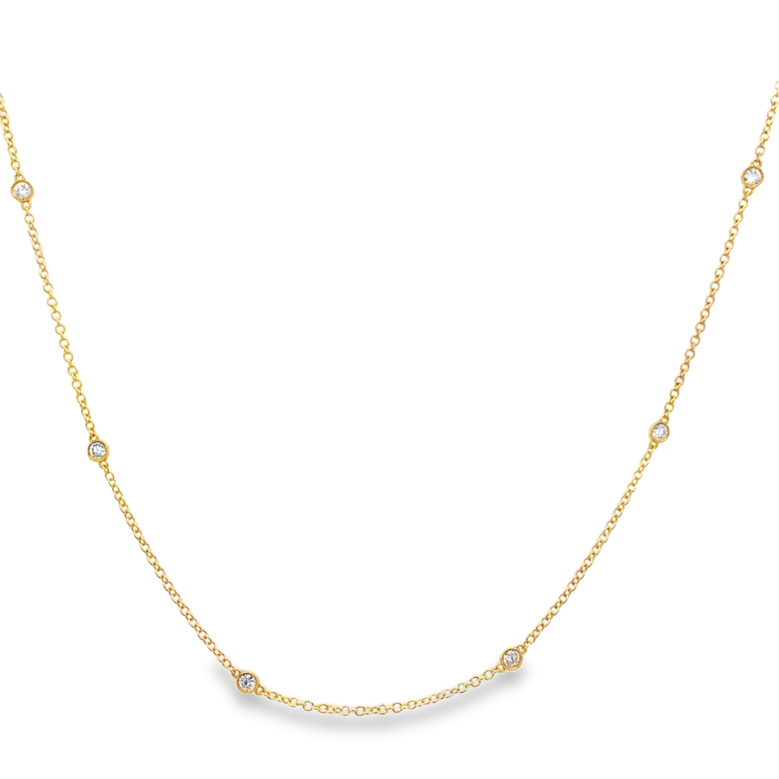 18K Yellow Gold 8-Station Diamonds By The Yard Milgrain Bezel Necklace