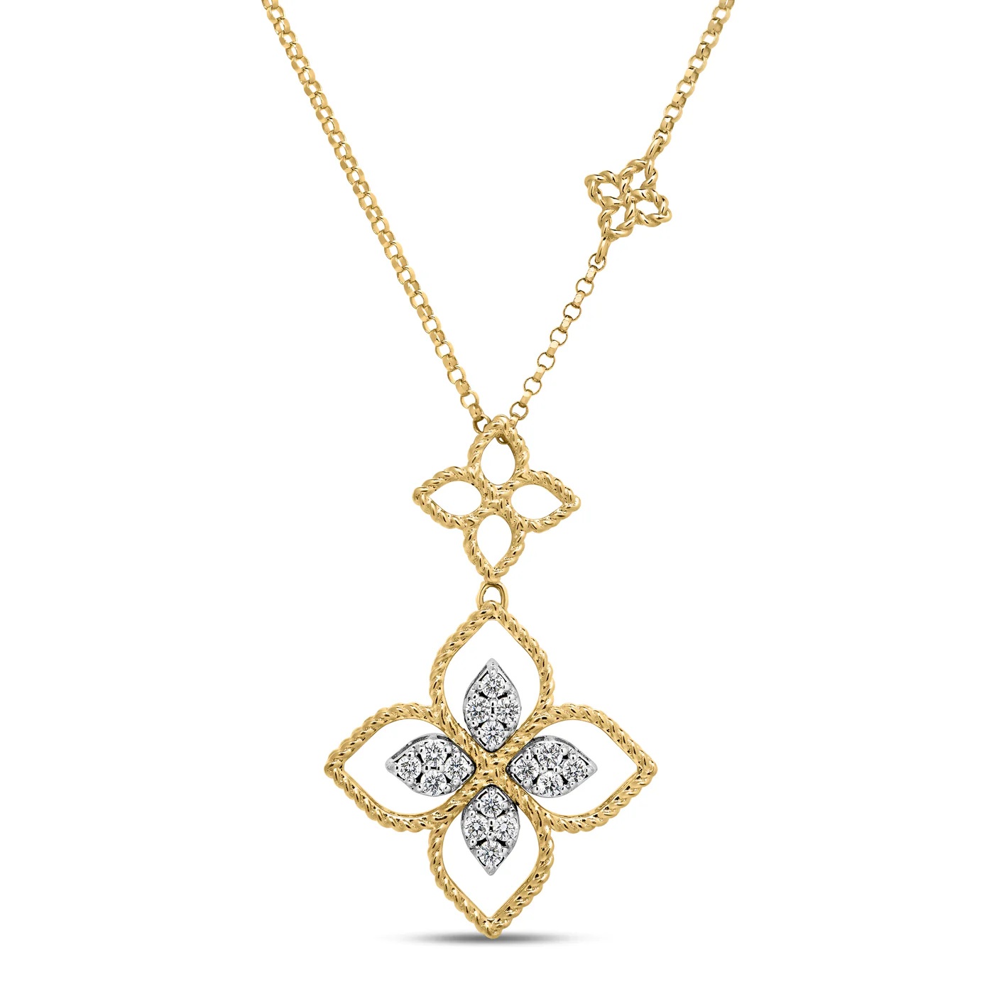 Roberto Coin 18K Two-Tone Princess Flower Open Frame Diamond Double Flower Necklace