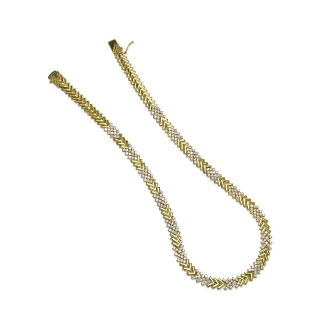 18K Yellow Gold Chevron Link Diamond Necklace