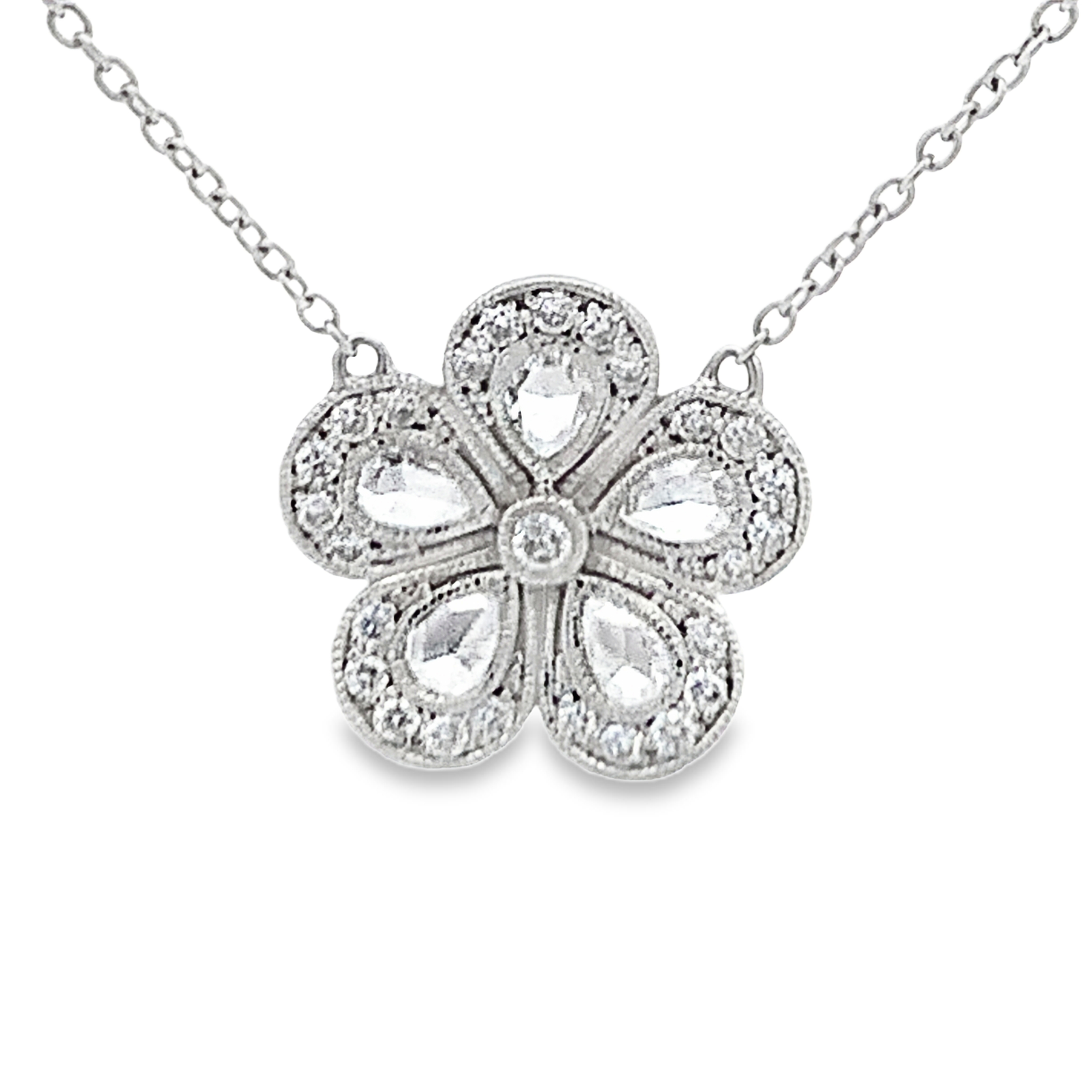 18 Karat White Gold Diamond By The Yard Necklace and Flower Pendant 17.5 with 32 Round Diamonds 0.41 CTW F-G VS2-SI1 and 5 Pear Diamonds 0.42 CTW F-G VS