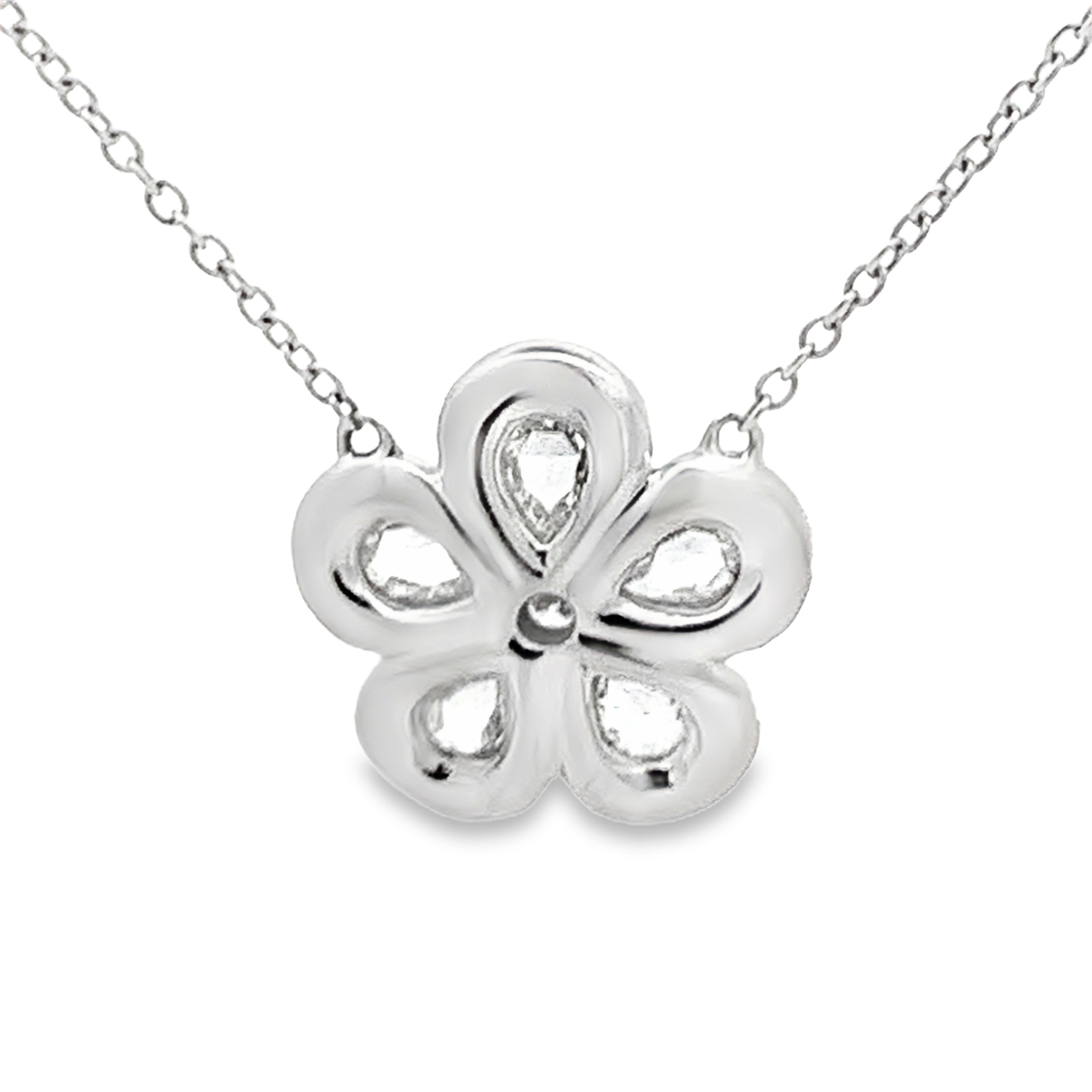 18 Karat White Gold Diamond By The Yard Necklace and Flower Pendant 17.5 with 32 Round Diamonds 0.41 CTW F-G VS2-SI1 and 5 Pear Diamonds 0.42 CTW F-G VS