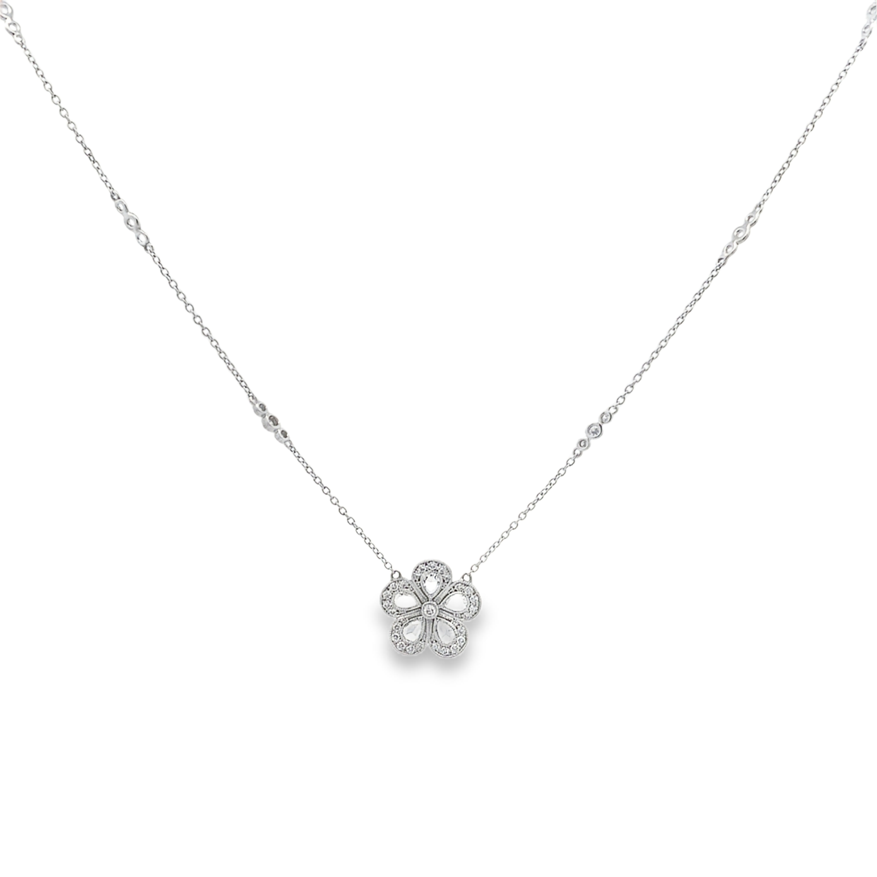 18 Karat White Gold Diamond By The Yard Necklace and Flower Pendant 17.5
