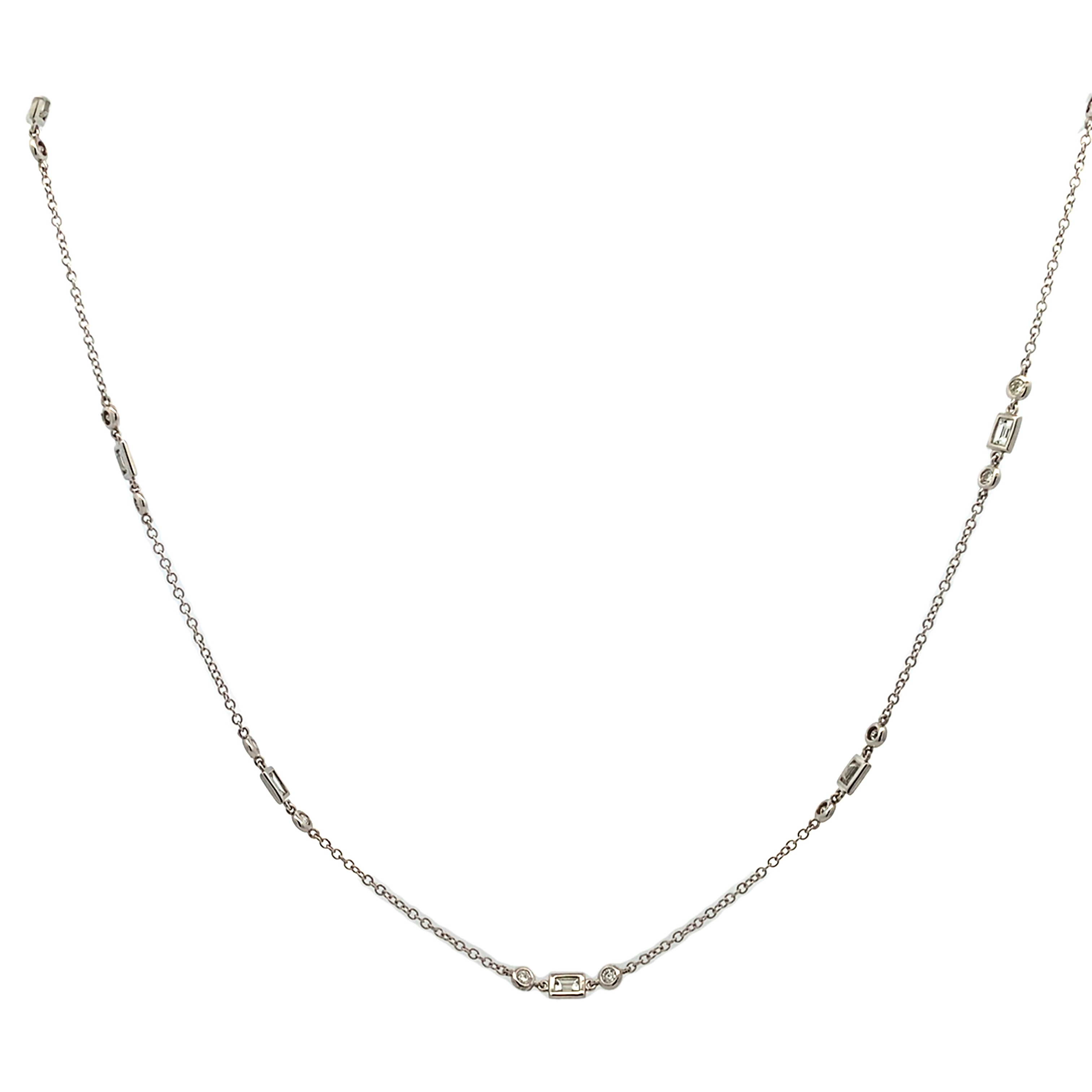 18K White Gold Diamond By The Yard with 8 Baguette and Round Diamonds Stations Necklace 18