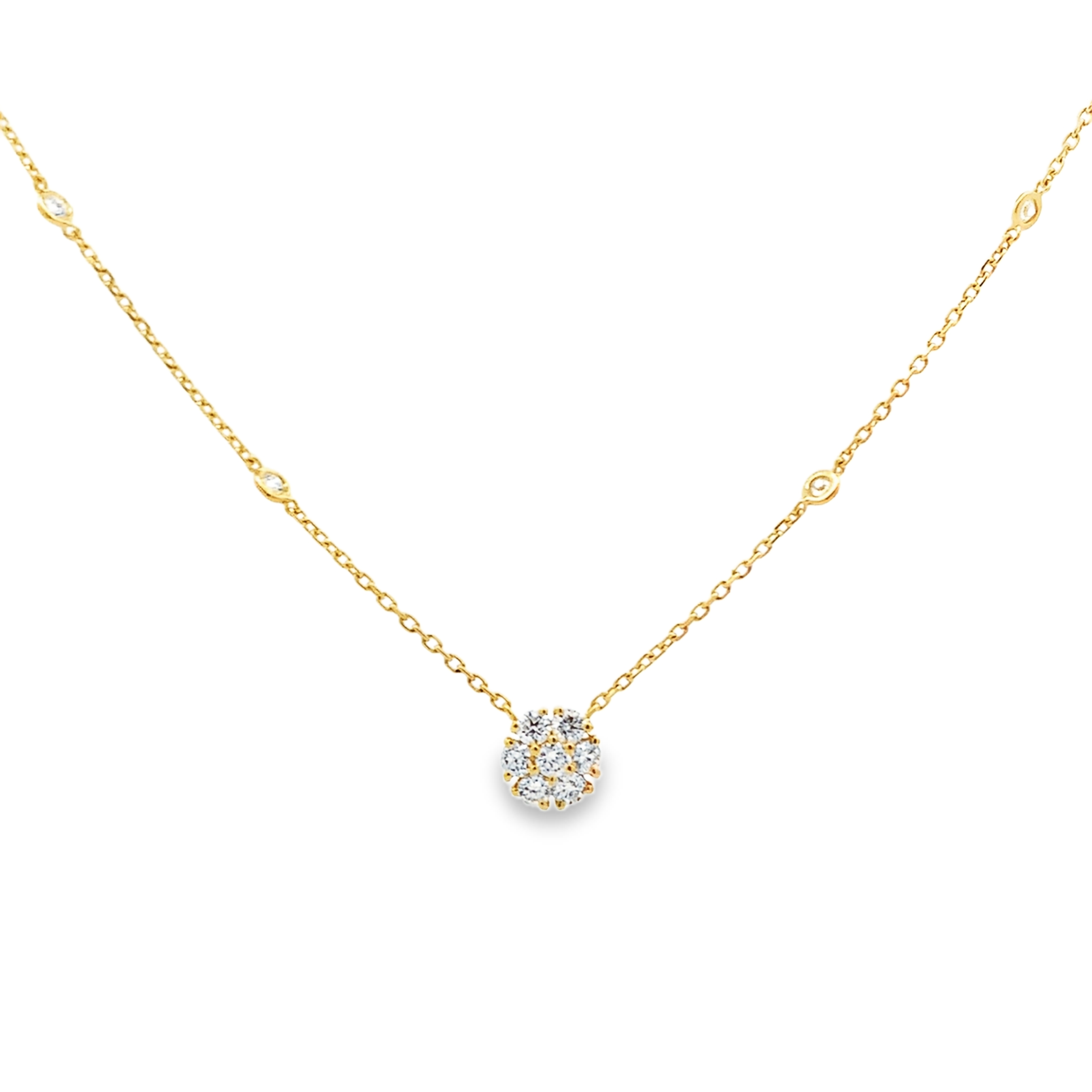 18K Yellow Gold Diamond Cluster and Diamond Bezel-Set Stations Necklace