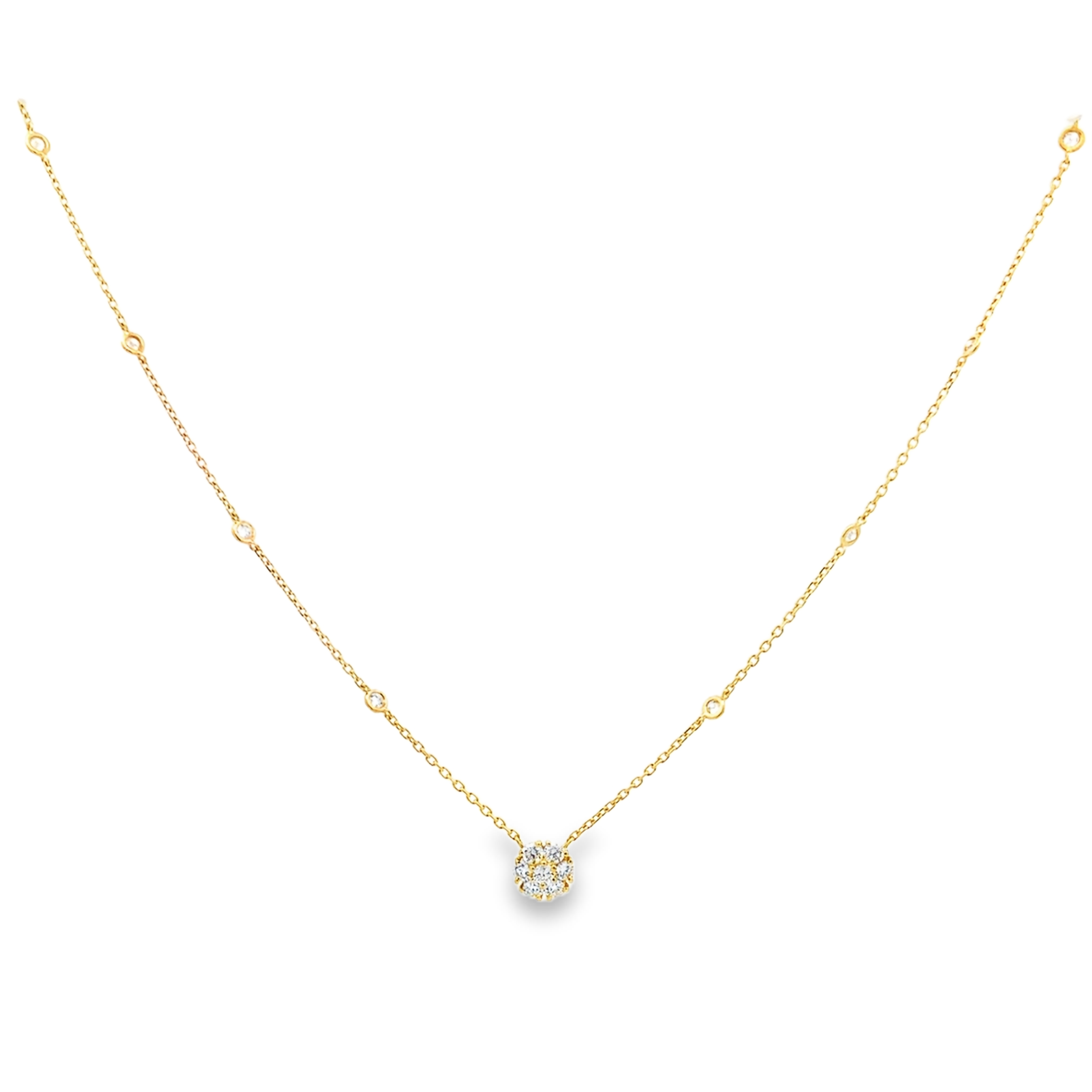 18K Yellow Gold Diamond Cluster and Diamond Bezel-Set Stations Necklace