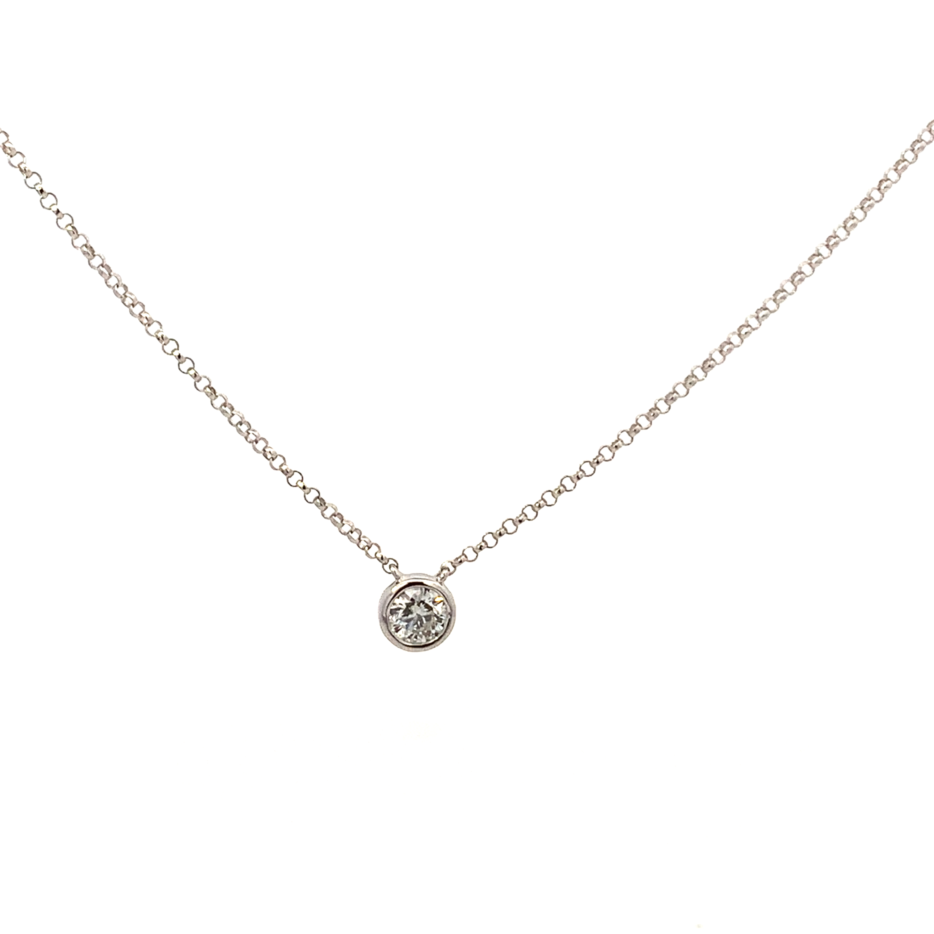 14K White Gold Bezel Set Diamond Solitaire Necklace 16-18 with 1 Round Diamond 0.25ct G-H SI