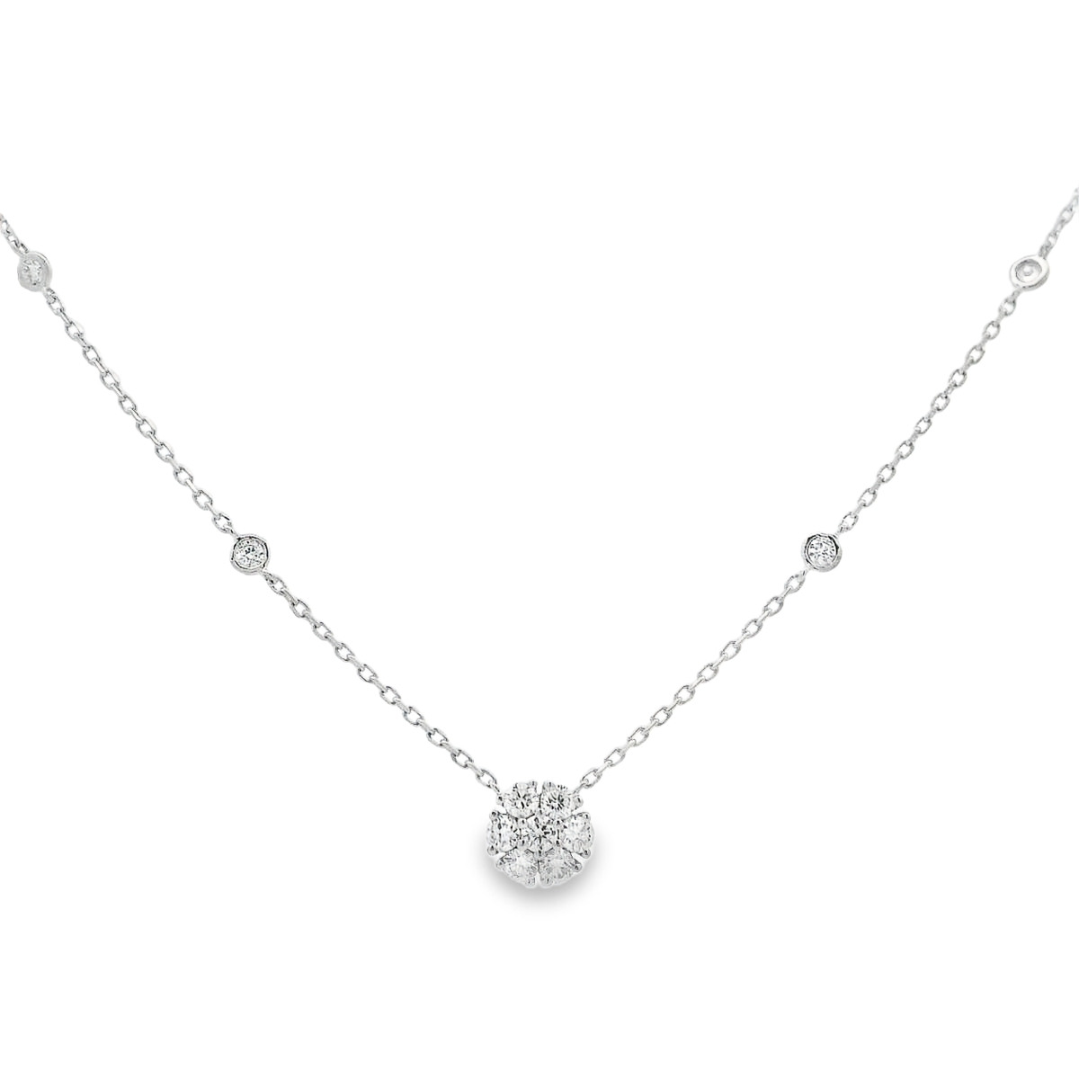 18K White Gold Diamond Cluster Station Necklace