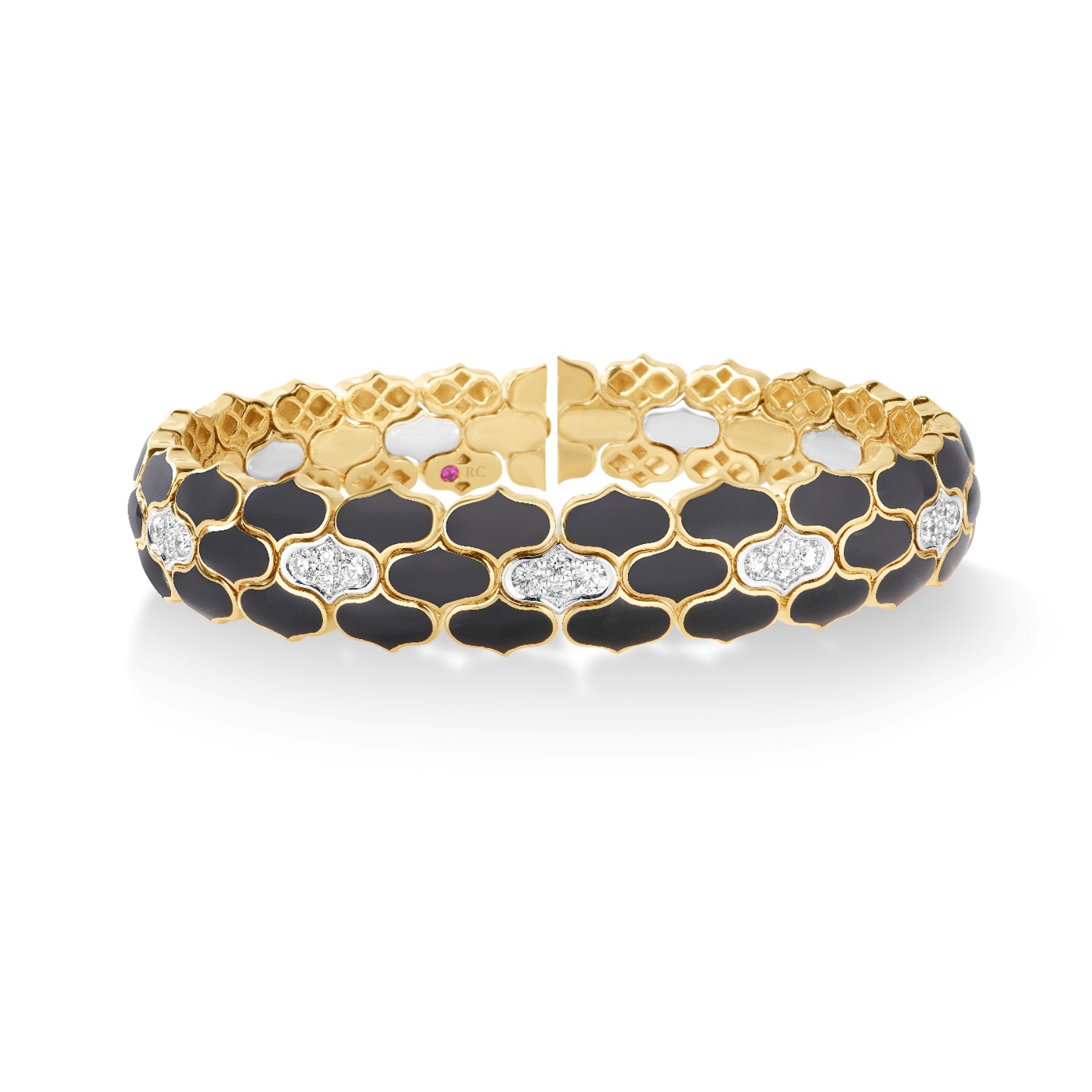 Roberto Coin 18K Yellow Gold Cobra Black Enamel Diamond Bangle