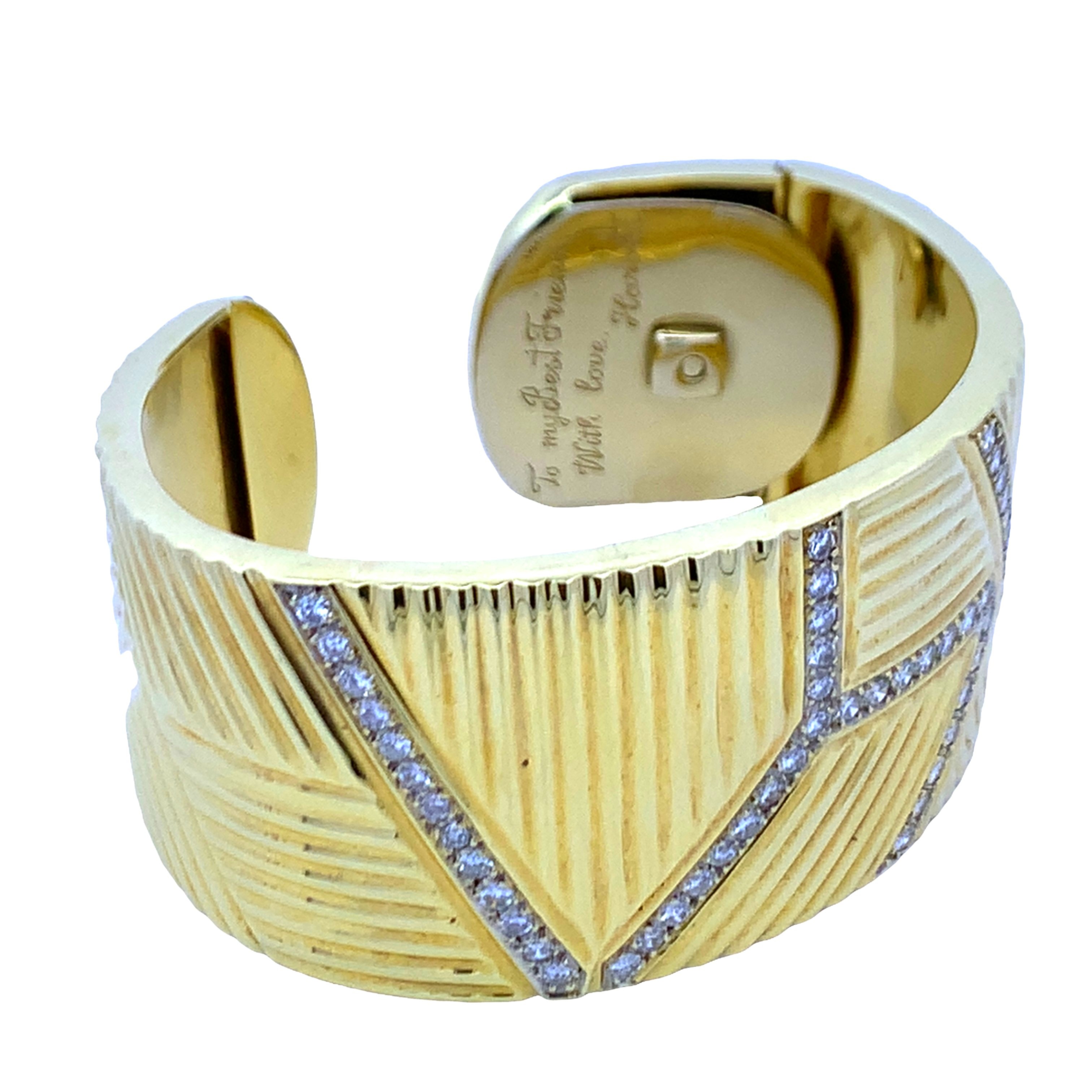 14K Yellow Gold Diamond Cuff Bracelet with 54 Round Diamonds 3.00 CTW G-H SI Stamped To my Best Friend With love, Harold
50.96dwt