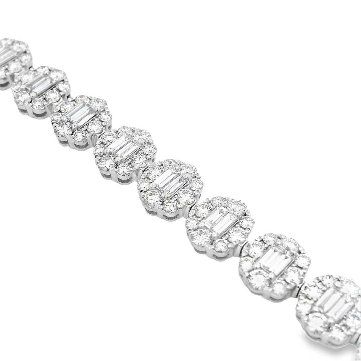 18K White Gold Baguette Diamond Cluster Link Bracelet
