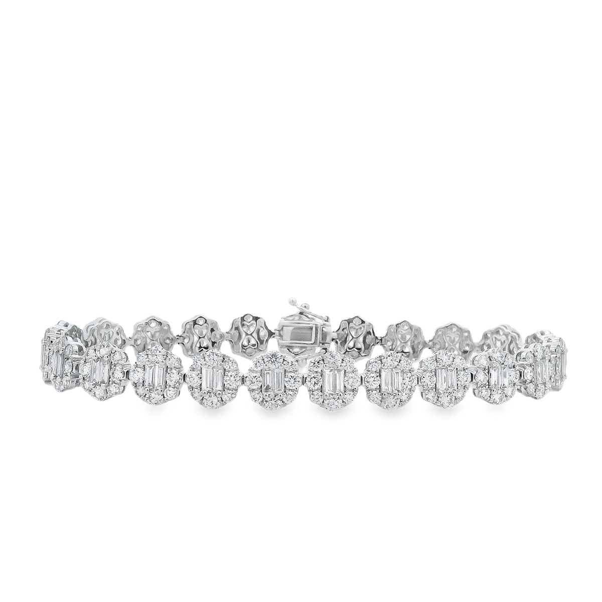 18K White Gold Baguette Diamond Cluster Link Bracelet