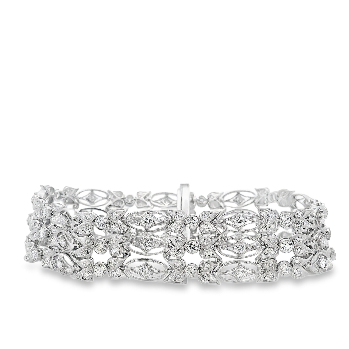 18K White Gold Wide Vintage-Style Floral Open-Work Diamond Bracelet