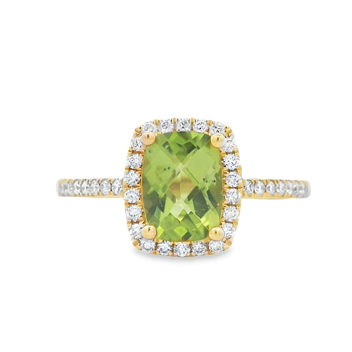 14K Yellow Gold Cushion Peridot & Diamond Halo Ring