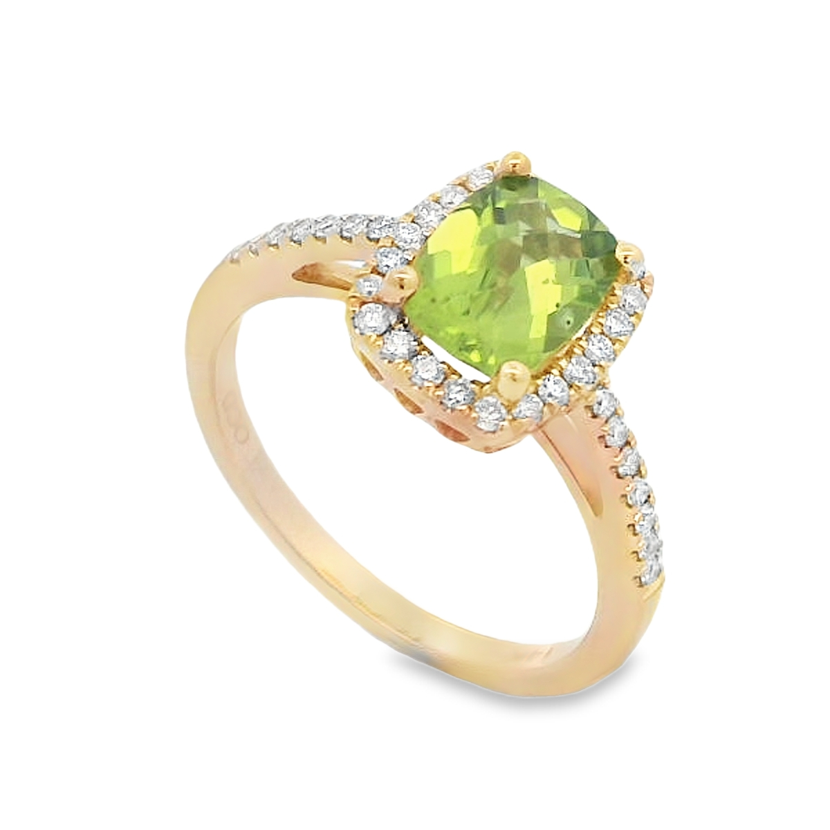 14K Yellow Gold Cushion Peridot & Diamond Halo Ring