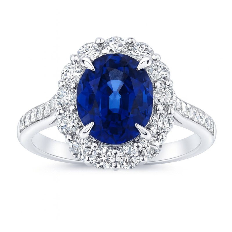 18K White Gold Blue Sapphire and Diamond Halo Ring