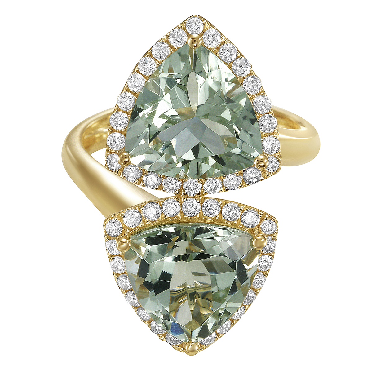 14K Yellow Gold Toi et Moi Mint Green Quartz Bypass Ring