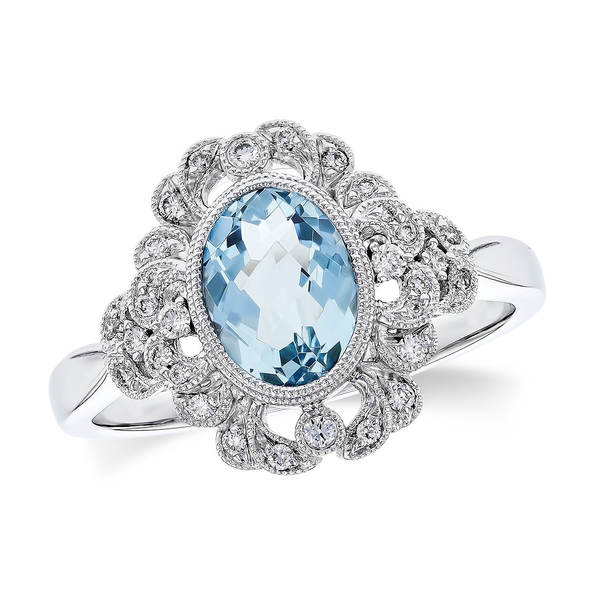 Allison Kaufman 14K White Gold Aquamarine & Diamond Filigree Ring