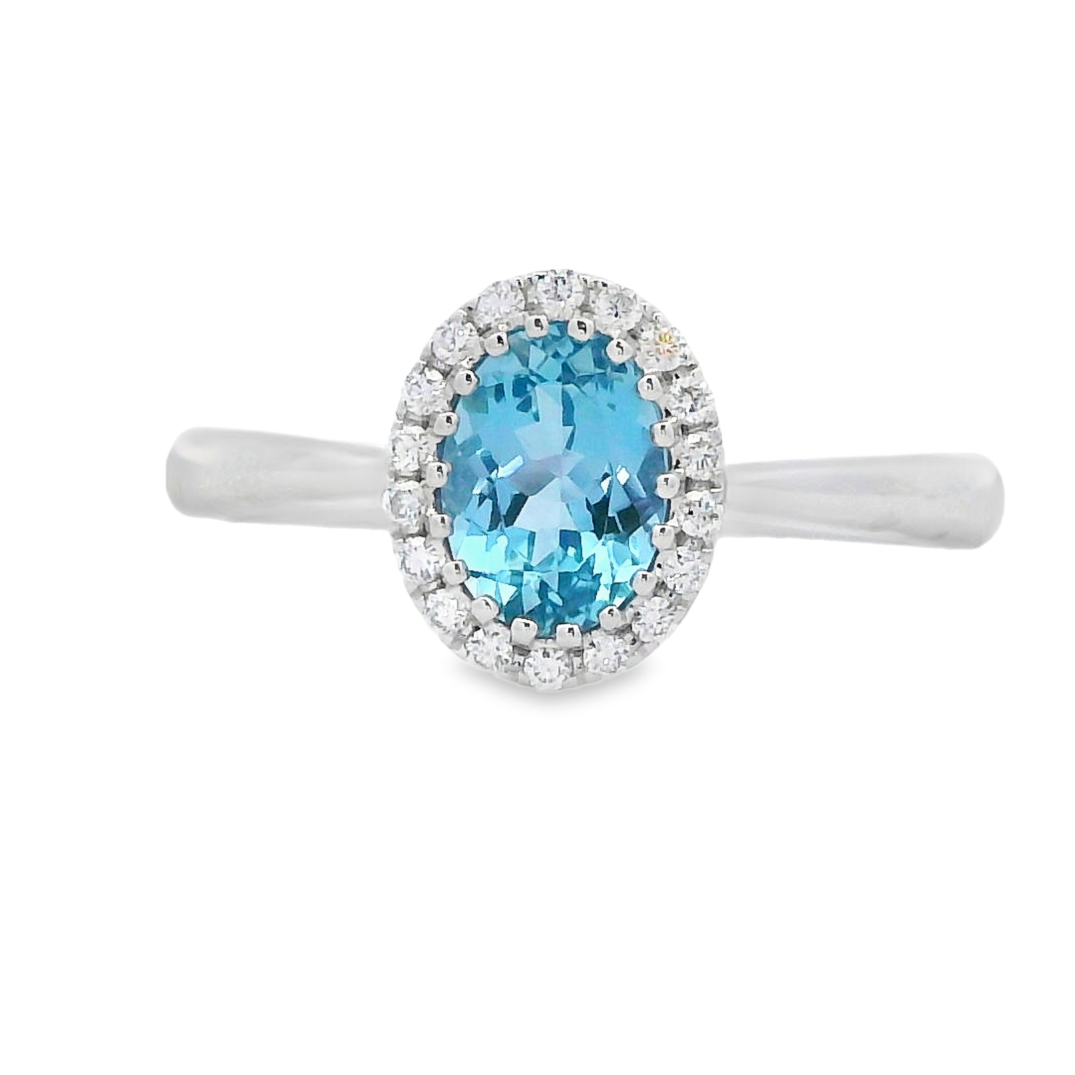 14K White Gold Oval Aquamarine & Diamond Halo Ring