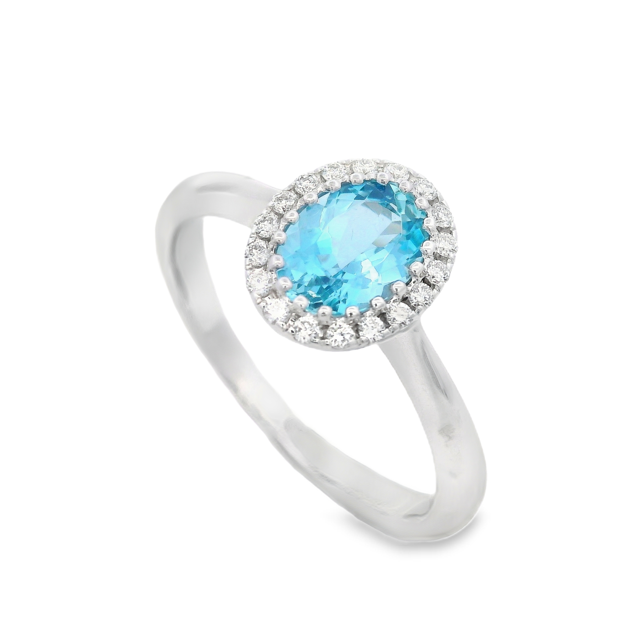 14K White Gold Oval Aquamarine & Diamond Halo Ring