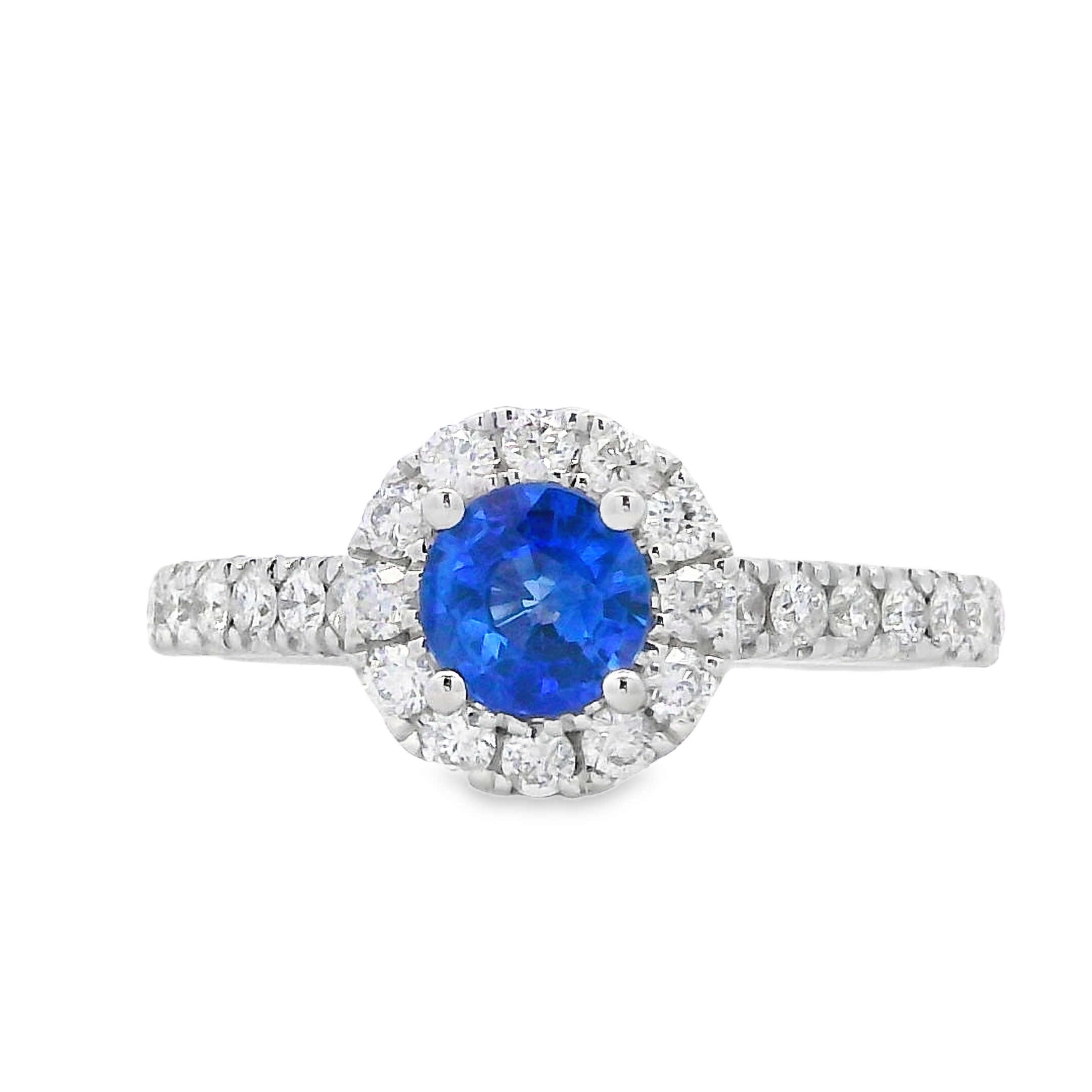 14K White Gold Round Blue Sapphire & Diamond Halo Ring