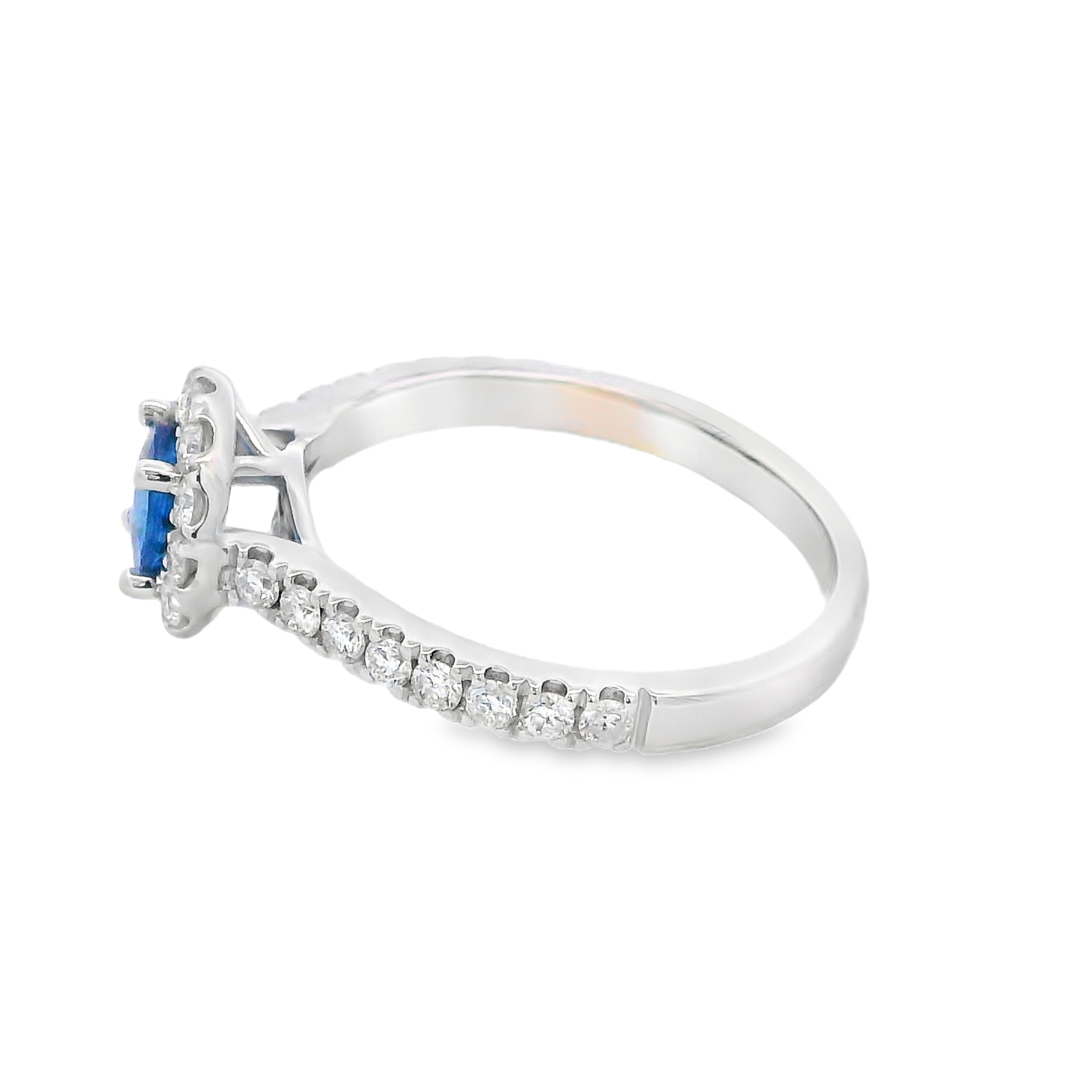 14K White Gold Round Blue Sapphire & Diamond Halo Ring