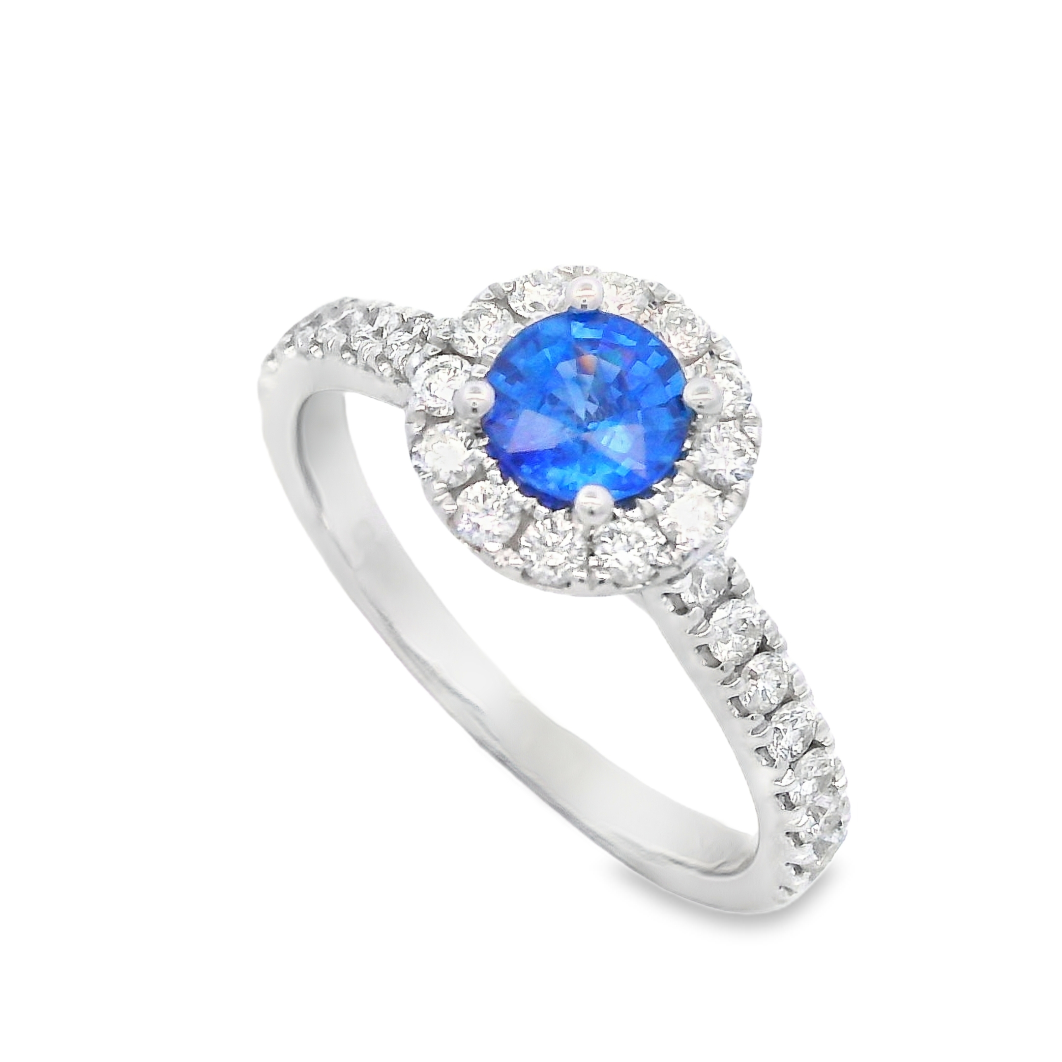14K White Gold Round Blue Sapphire & Diamond Halo Ring