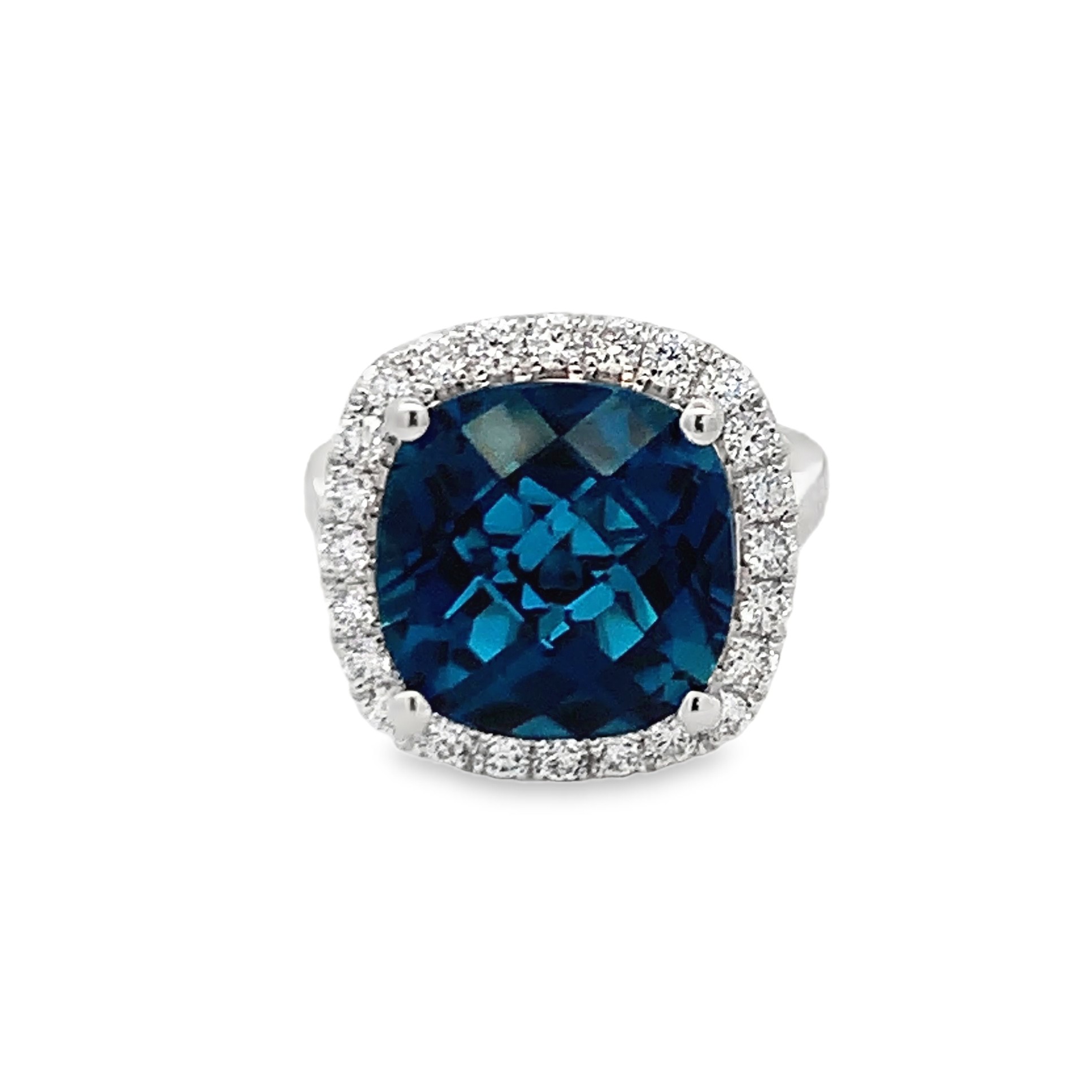 14K White Gold London Blue Topaz and Diamond Halo Ring