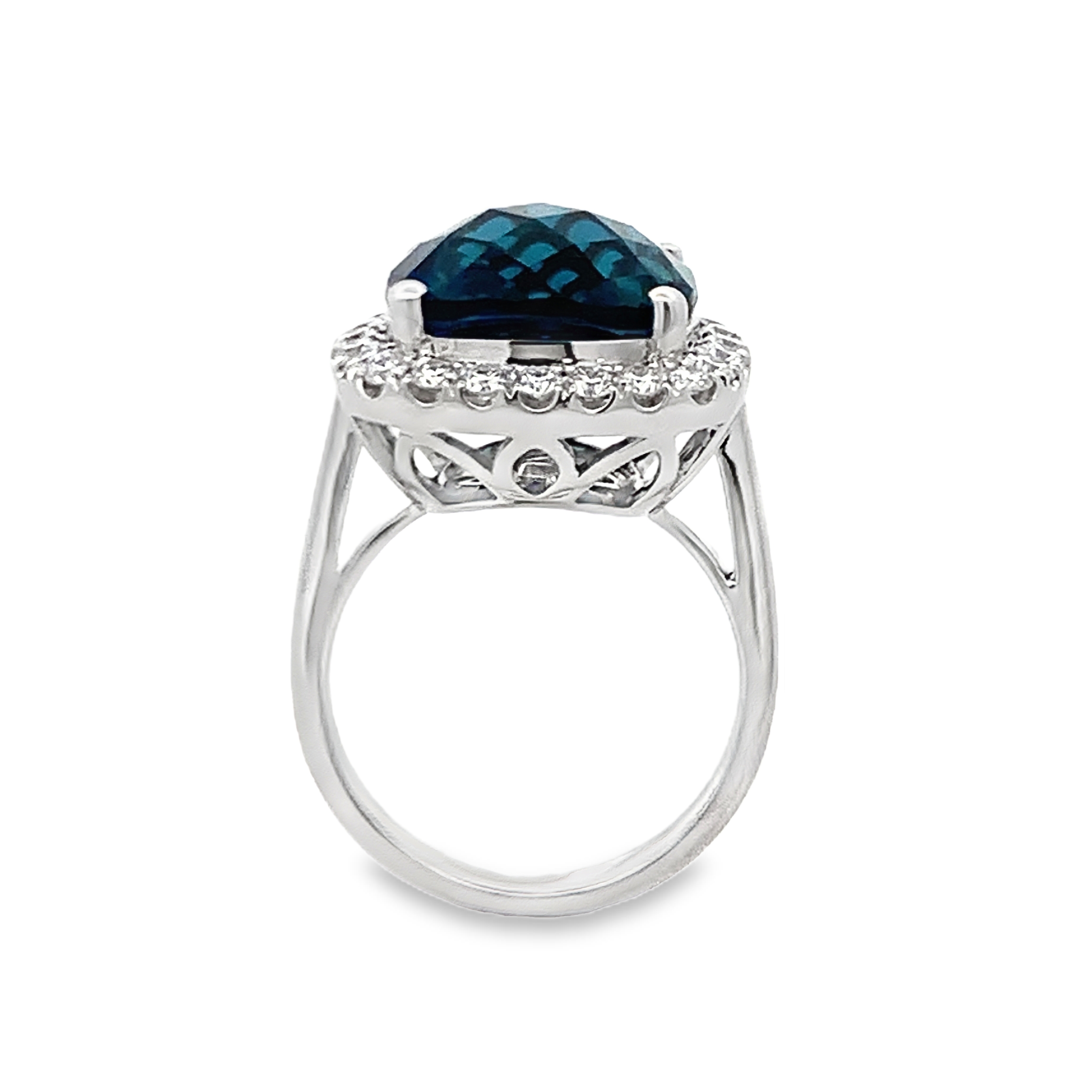 14K White Gold London Blue Topaz and Diamond Halo Ring