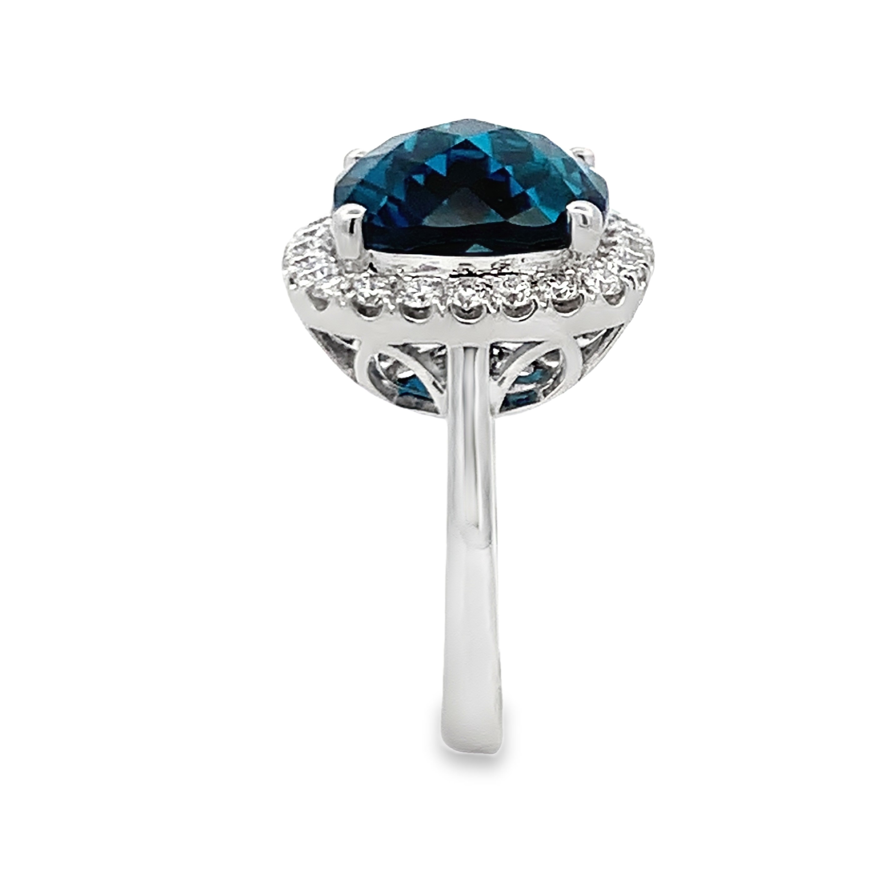14K White Gold London Blue Topaz and Diamond Halo Ring