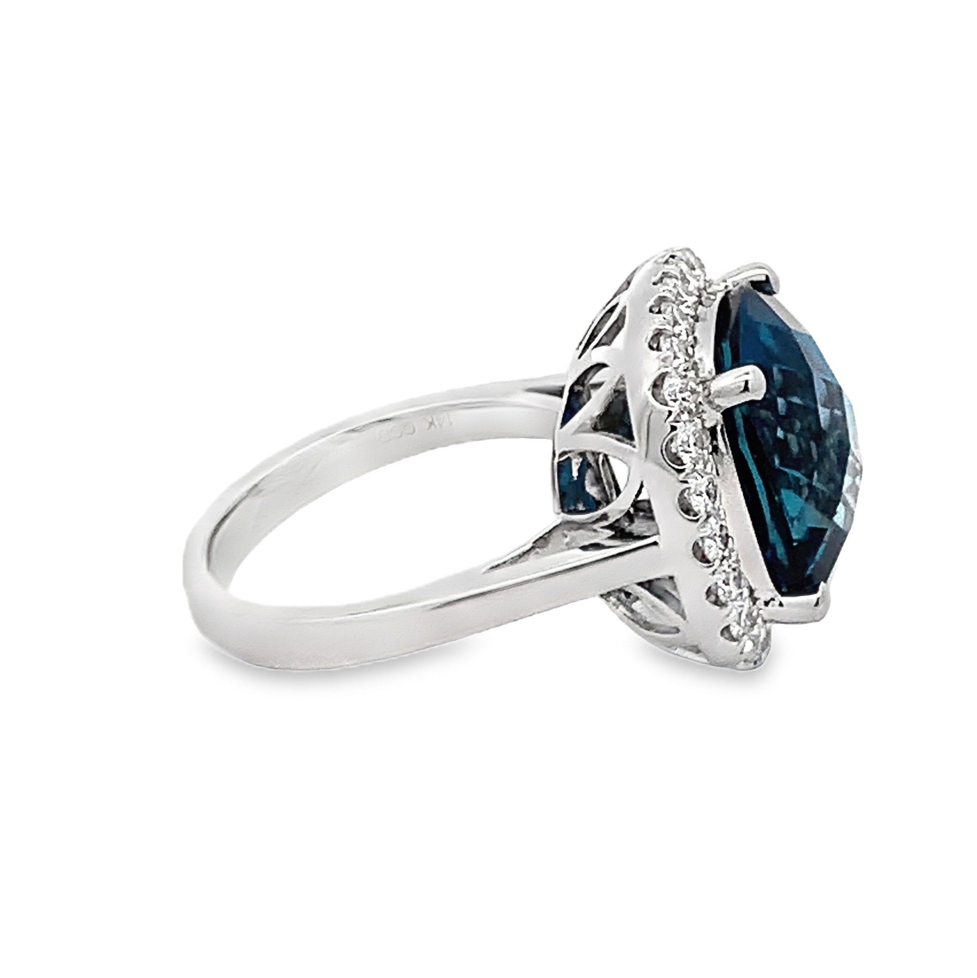 14K White Gold London Blue Topaz and Diamond Halo Ring