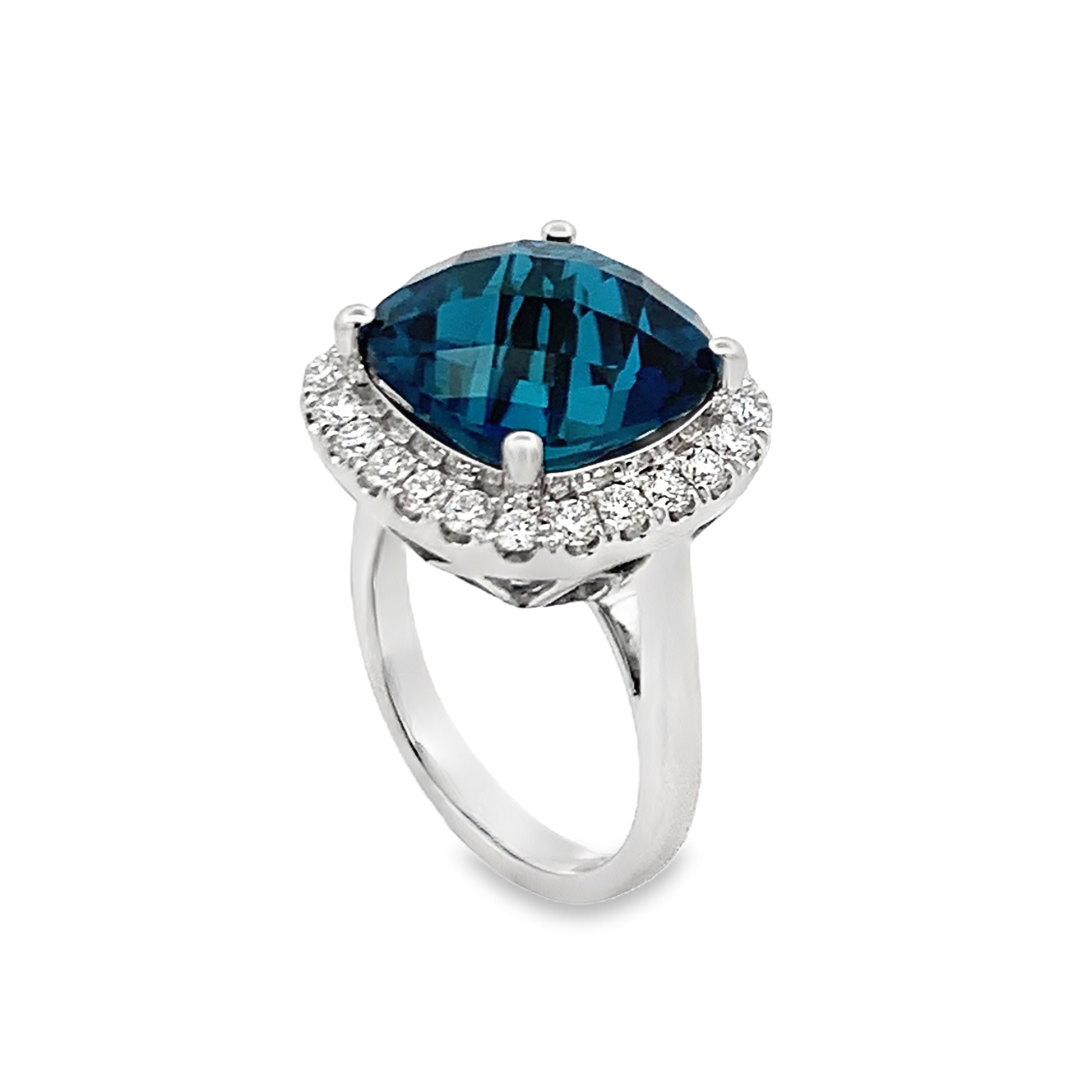 14K White Gold London Blue Topaz and Diamond Halo Ring