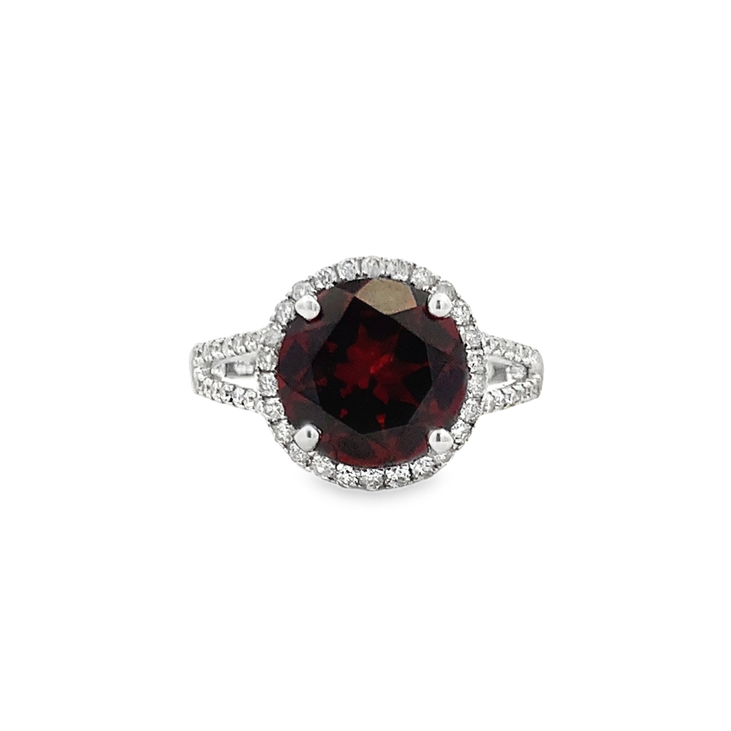 14K White Gold Garnet and Diamond Halo and Split Shank Ring