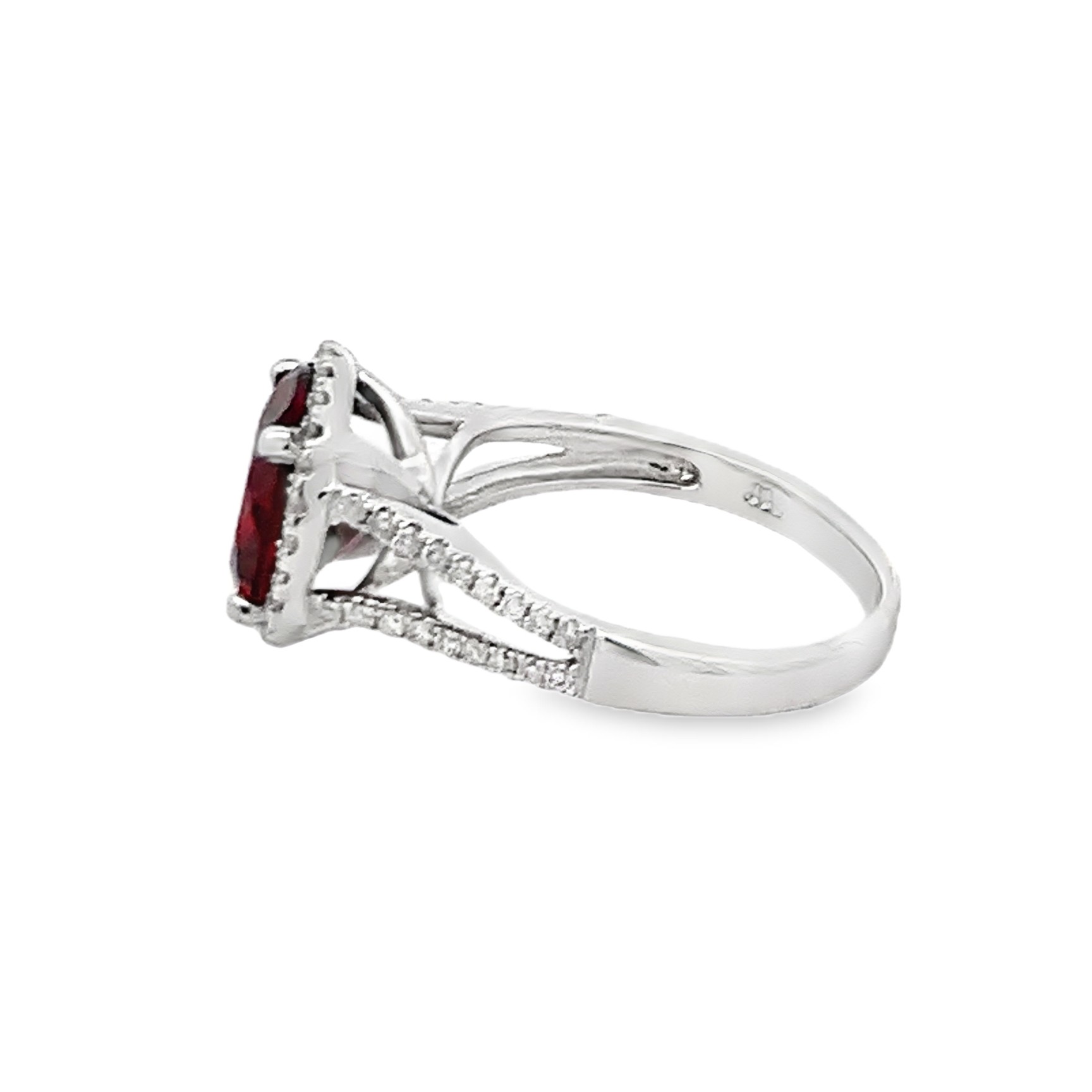 14K White Gold Garnet and Diamond Halo and Split Shank Ring