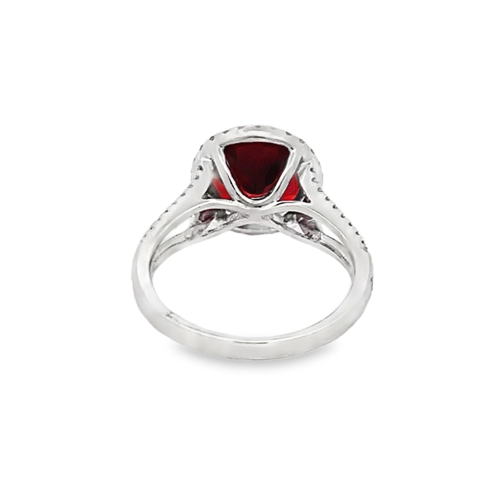 14K White Gold Garnet and Diamond Halo and Split Shank Ring