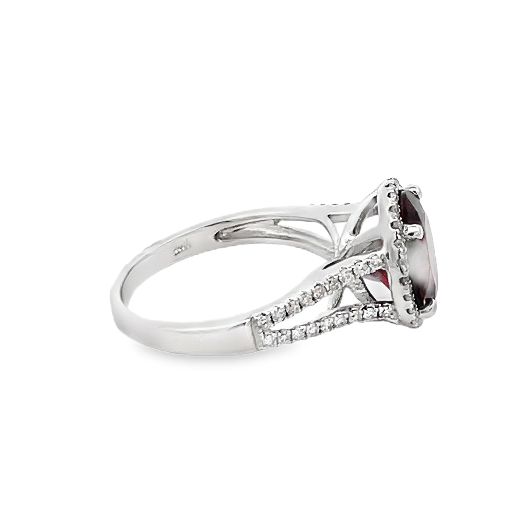 14K White Gold Garnet and Diamond Halo and Split Shank Ring